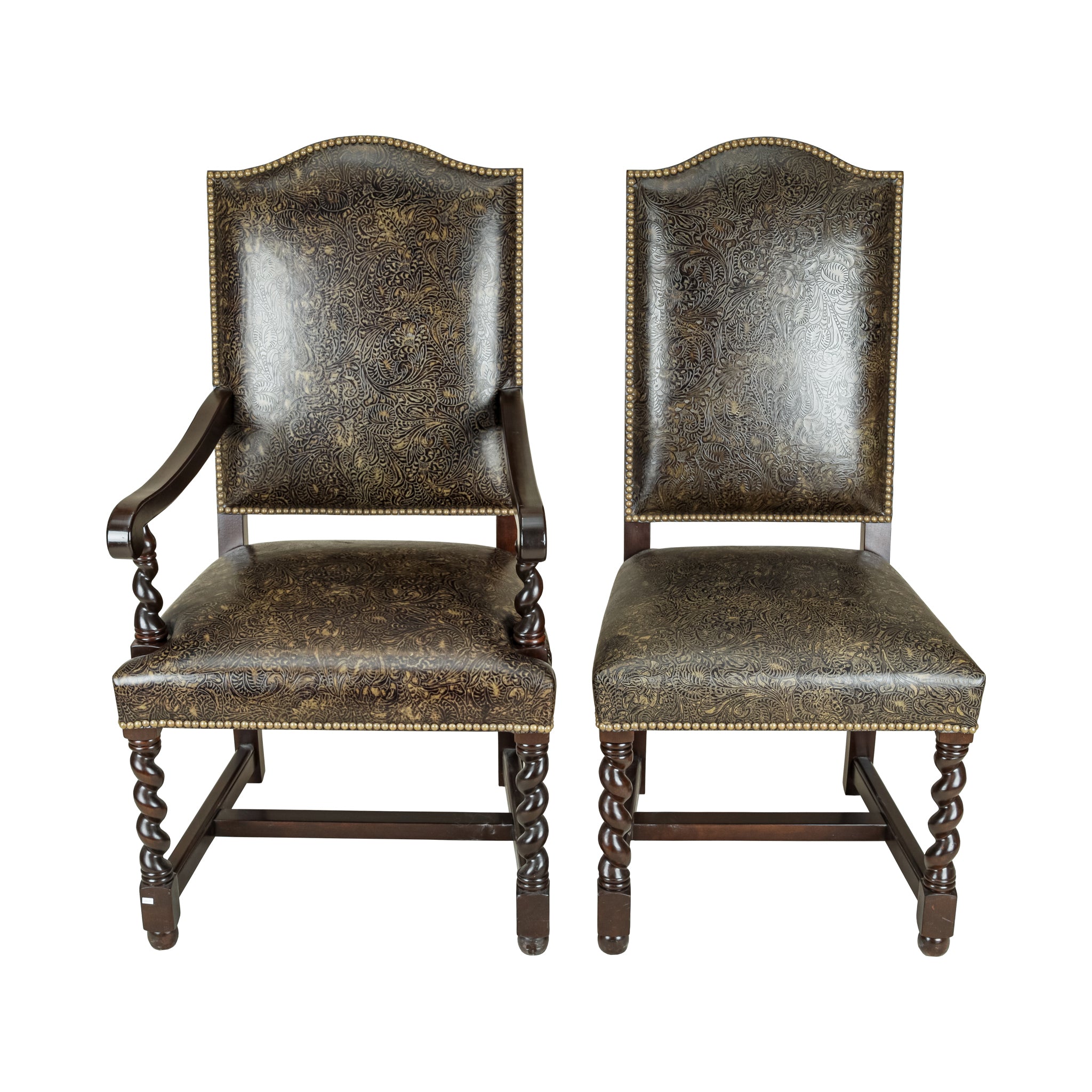 STICKLEY 8 Barley Twist Dining Chairs with Patterned Leather Upholstery - Elegant Victorian Style Seating for Formal Dining Room & Home Decor