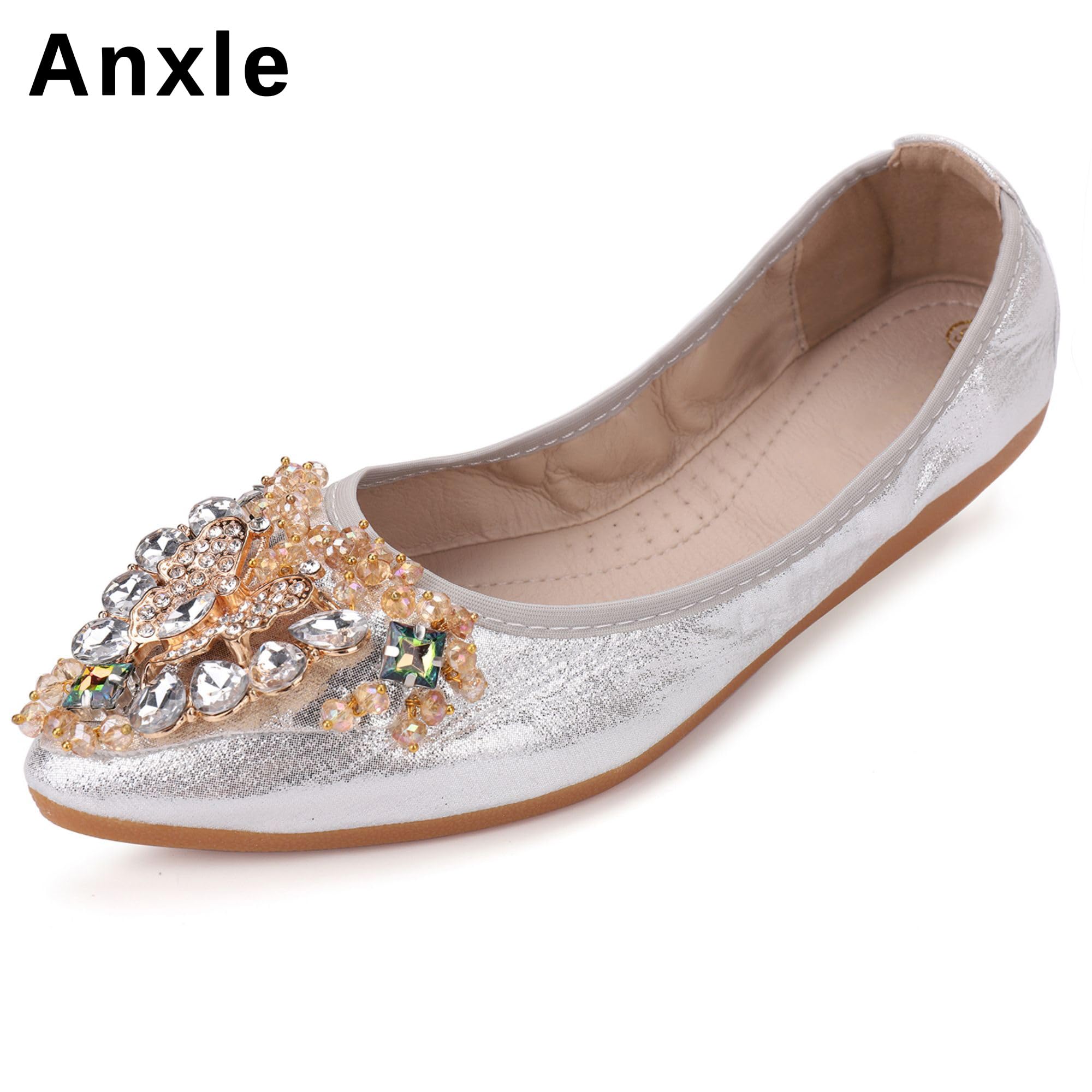 Women's Foldable Ballet Flats with Rhinestones - Comfortable Pointed Toe Slip-On Loafers for Work, Walking & Bridal Occasions | Perfect Dress Shoes for Weddings, Office & Travel