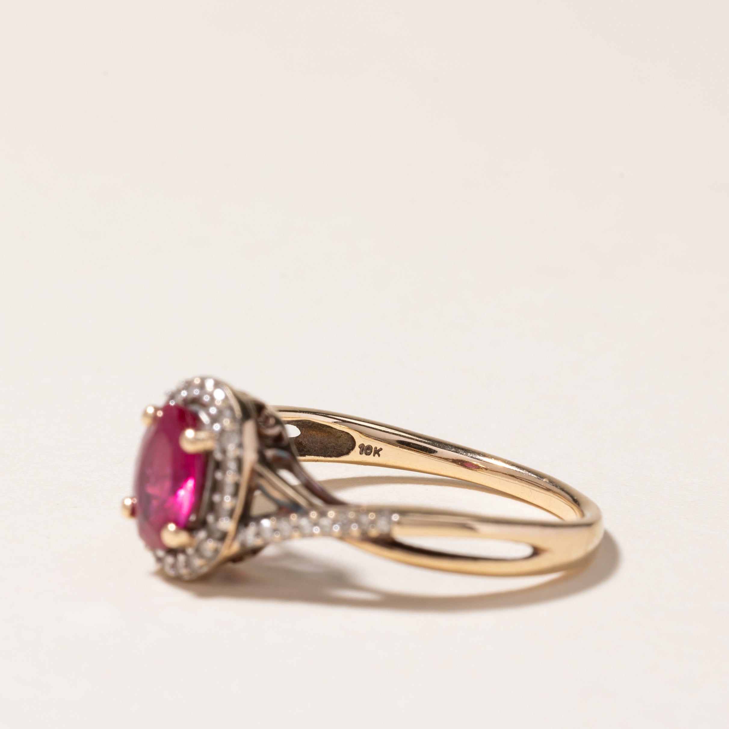 10K Gold Synthetic Ruby & Diamond Halo Crossover Ring - 0.80ct Ruby & 0.19ctw Diamonds - Size 7 - Elegant Bridal Jewelry, Anniversary Gift, Valentine's Day Present