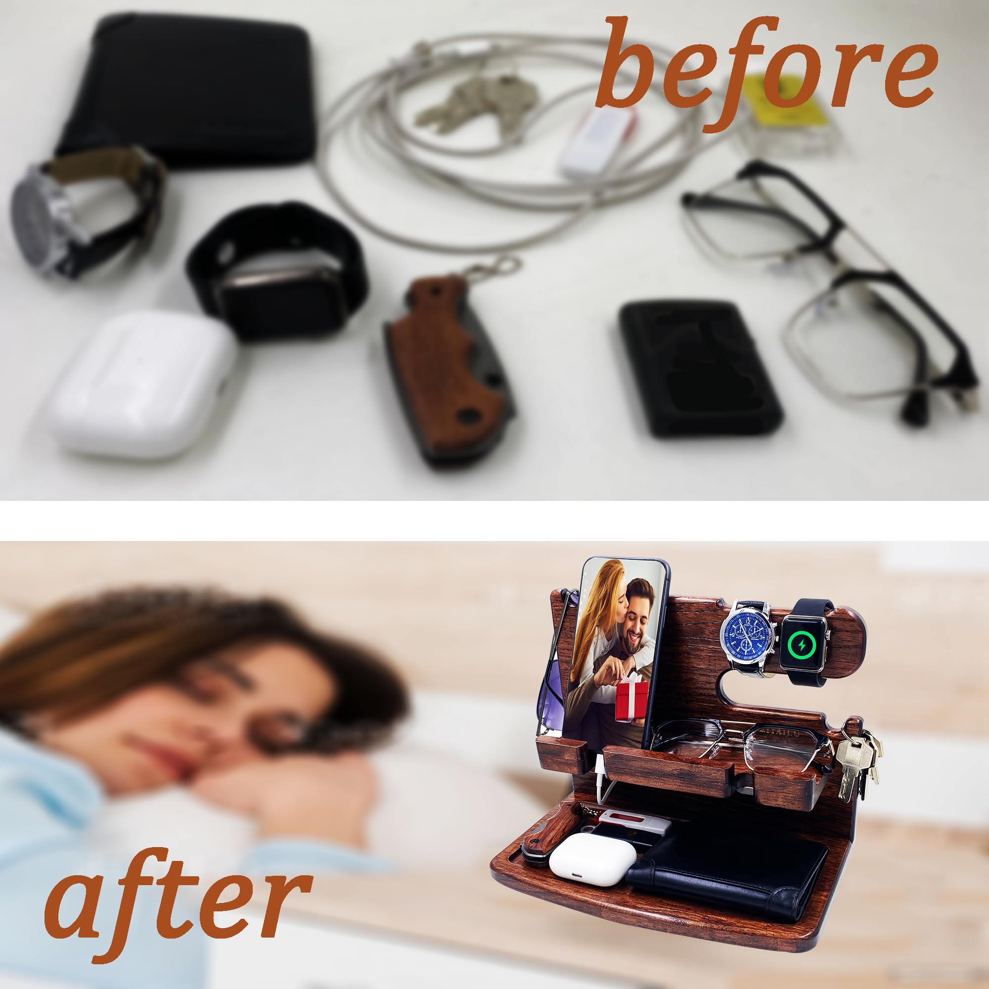 Wooden Phone Docking Station & Nightstand Organizer - Perfect Gift for Men, Women, Dad, Husband, Boyfriend | Birthday, Anniversary, Christmas Present (Dark Brown) | Bedside Storage for Phone, Watch, Wallet & Keys