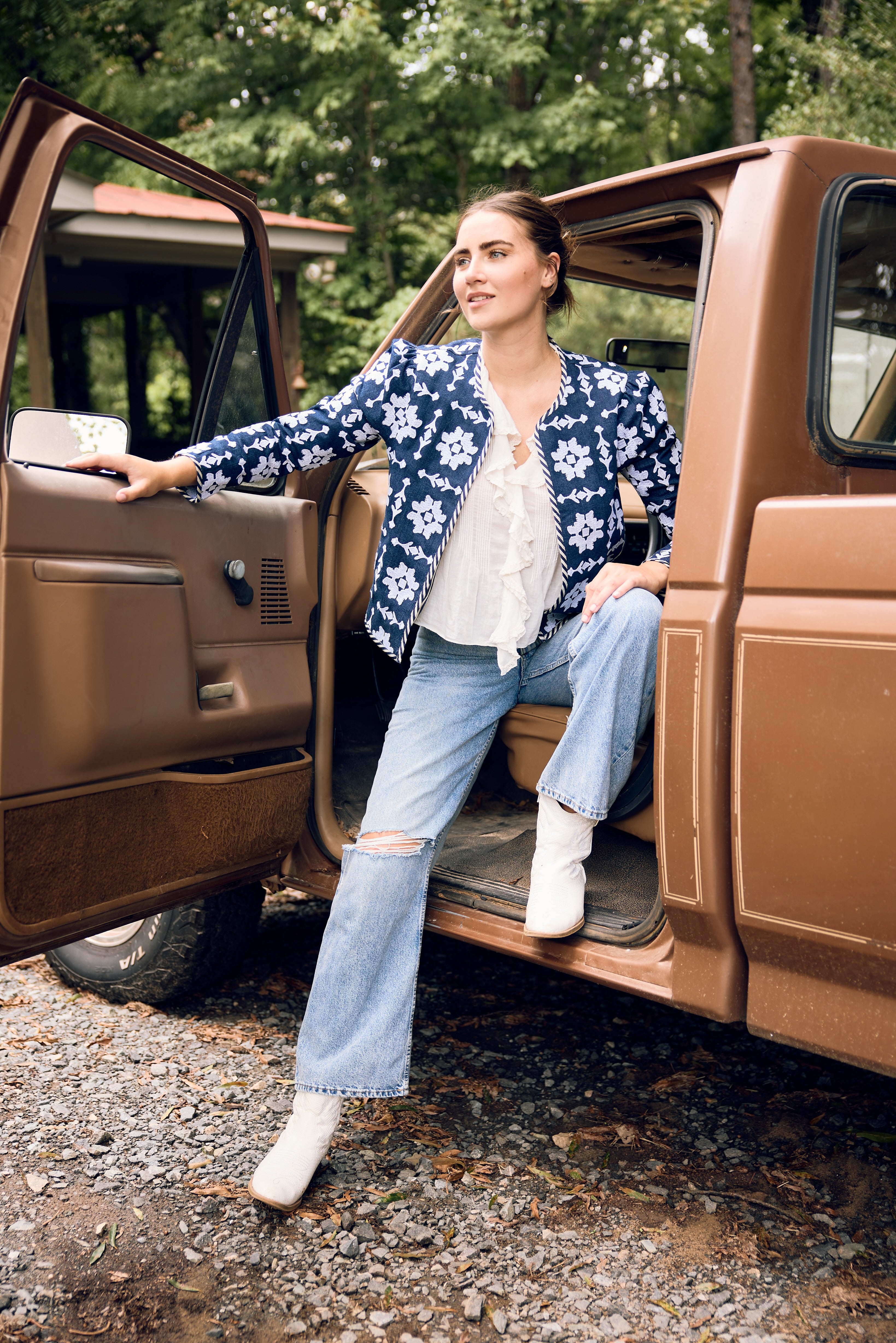 Rosy Denim Jacket with Embroidered Floral Design - Women's Fashion Outerwear for Spring & Fall | Casual Streetwear, Date Night, Weekend Outfits
