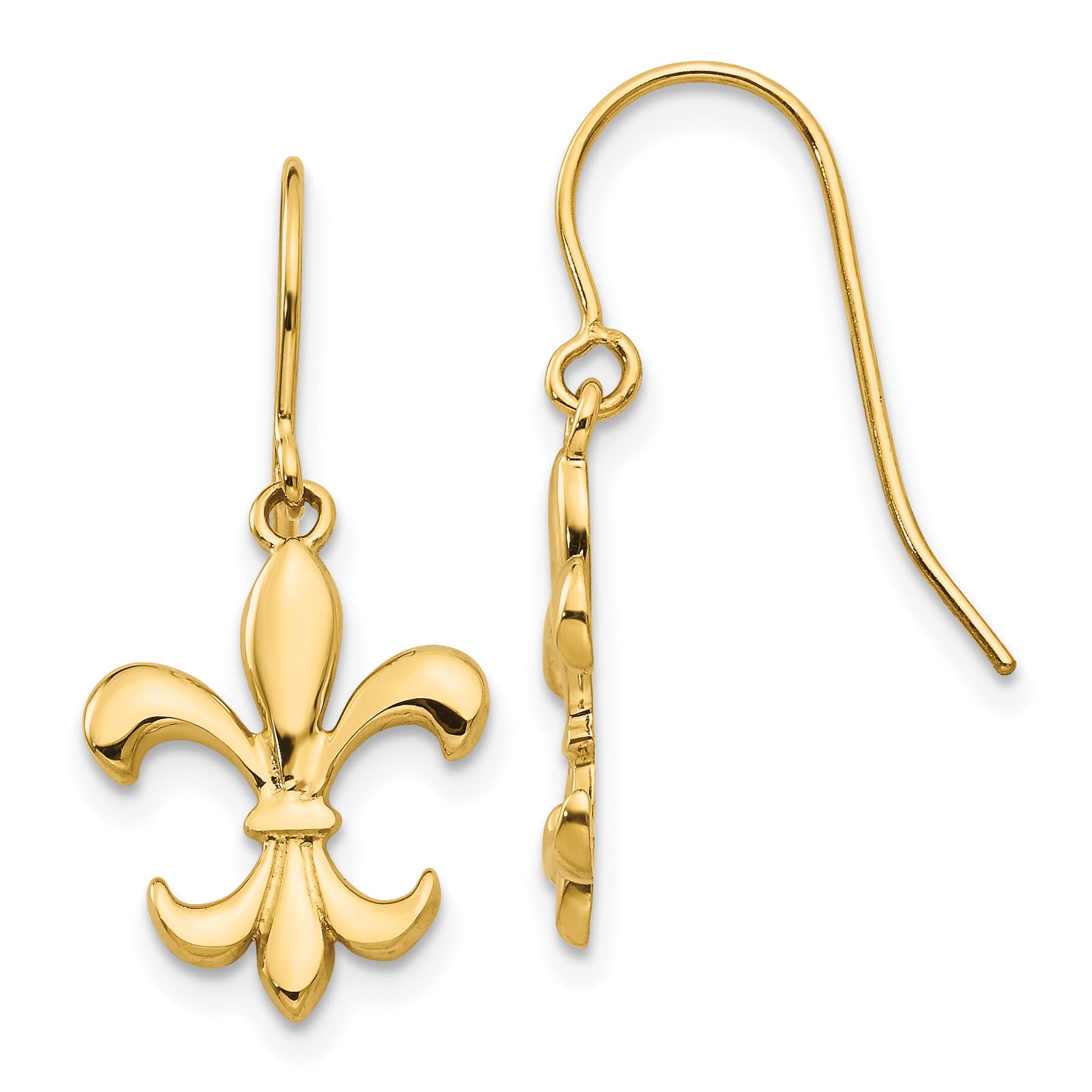 14K Yellow Gold Fleur de Lis Dangle Earrings for Women - 26mm Polished Solid Gold French Symbol Jewelry - Perfect for Weddings, Parties & Special Occasions