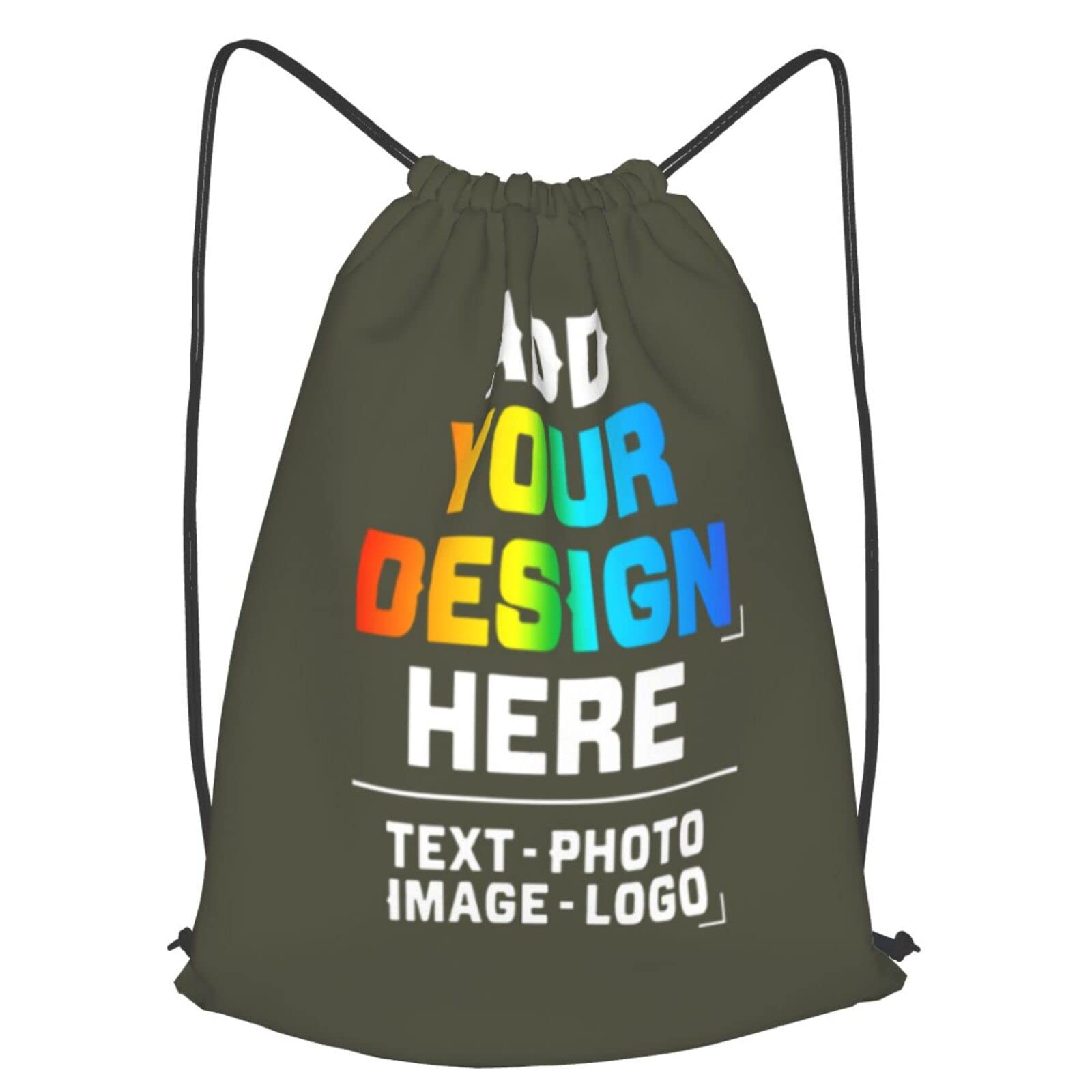 Custom Personalized Drawstring Backpack with Image & Text - Water Resistant Sports Sackpack for Men & Youth Boys - Military Green (14