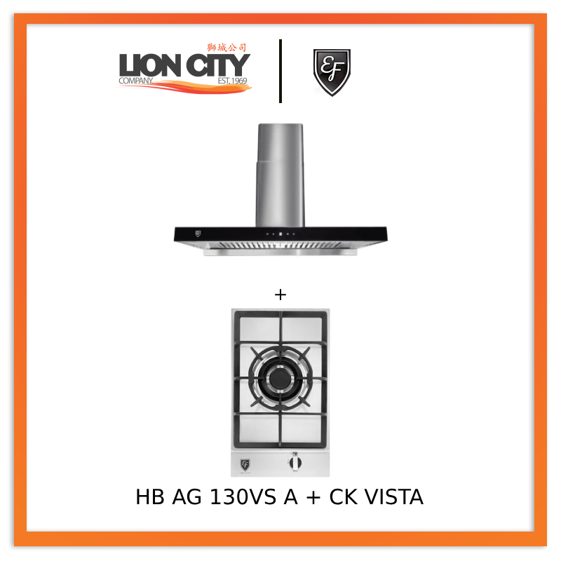 EF HB AG 130VS A 30cm Built-in Stainless Steel Gas Hob + CK VISTA 90CM Cooker Hood - Professional Kitchen Stove & Range Hood Combo for Modern Home Cooking & Ventilation