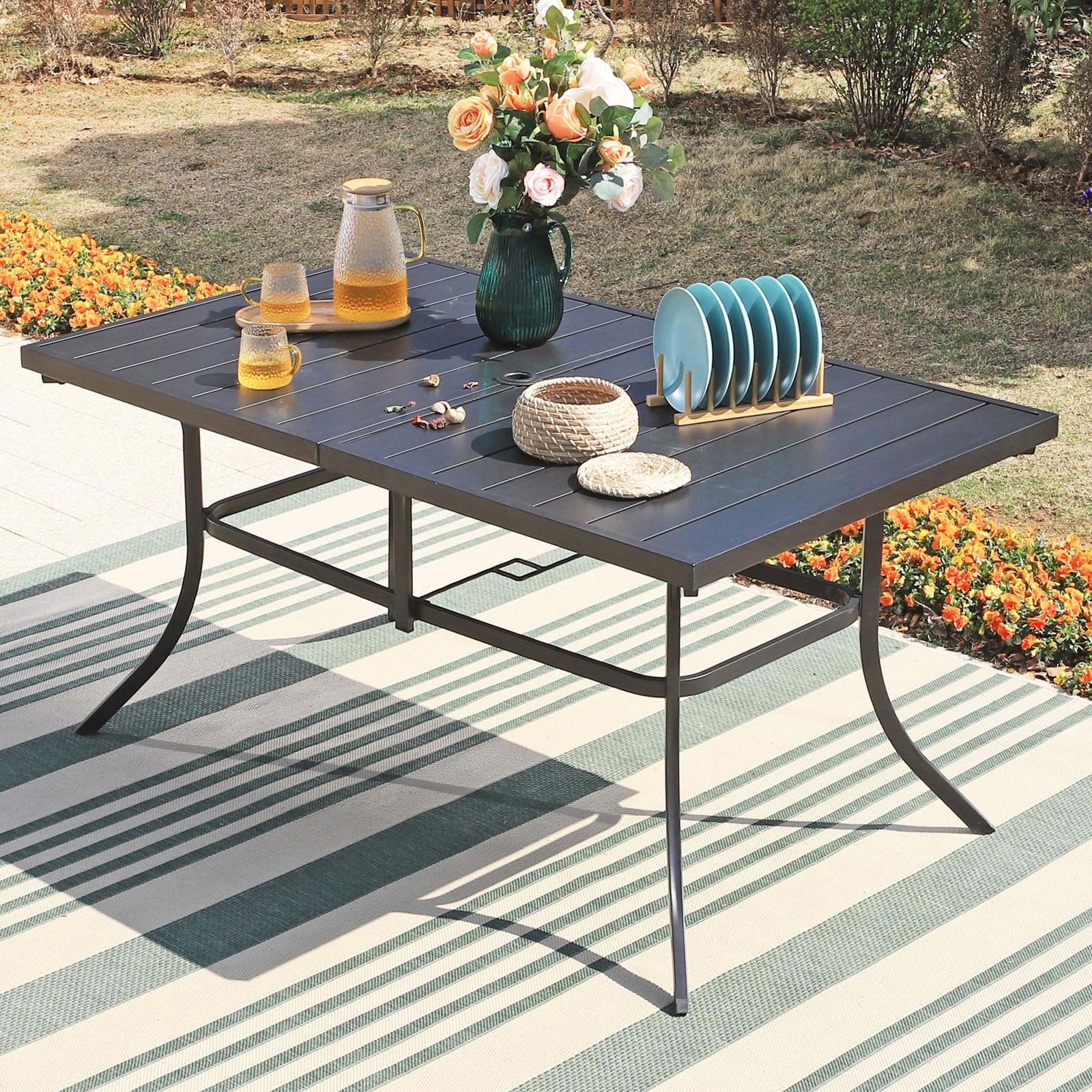 Outdoor Patio Dining Set with Umbrella - 7-Piece Beige Rattan Furniture Set with Metal Table & Cushioned Chairs for Backyard, Deck, Porch | Perfect for Family Gatherings, BBQs, and Outdoor Entertaining