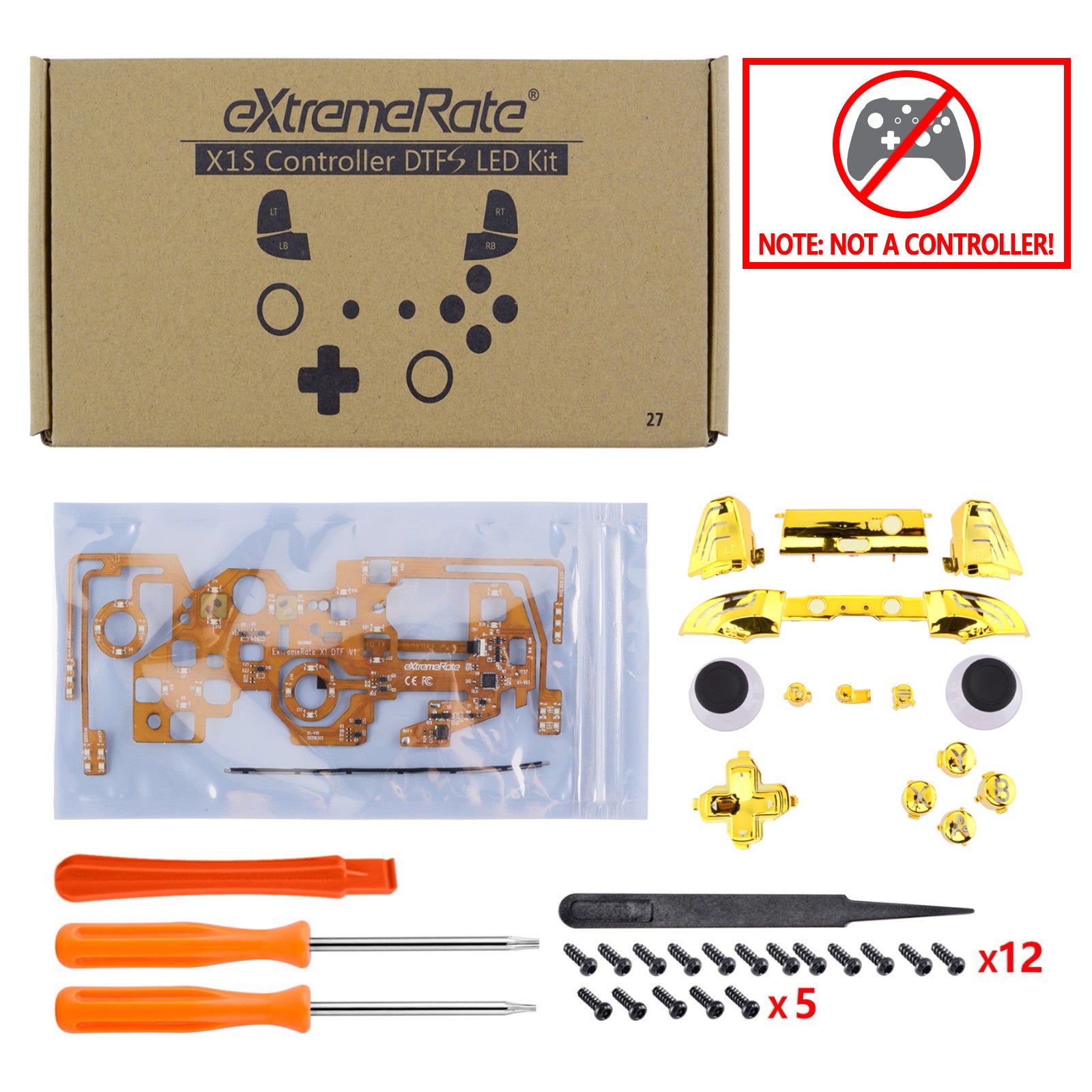 eXtremeRate Chrome Gold LED Button Kit with Multi-Color Illuminated D-Pad, Thumbsticks & ABXY Buttons for Xbox One S/X Controller - Classic Symbols, DTF 2.0 Technology (Controller Not Included) - Perfect for Gaming, Streaming & Custom Controller Builds