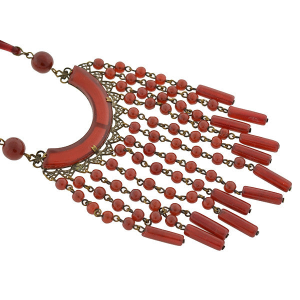 Vintage Art Deco Czechoslovakian Brass & Faux Carnelian Glass Beaded Necklace - 1920s Style Statement Jewelry for Women, Perfect for Evening Parties, Weddings & Retro Fashion Outfits