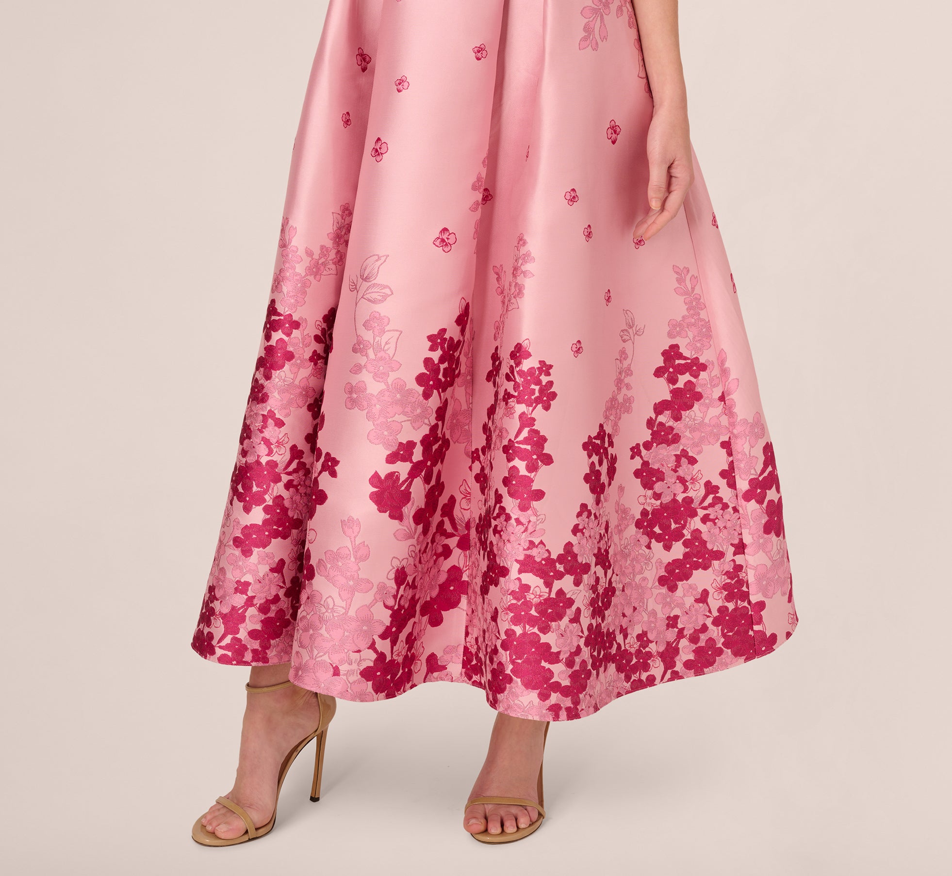 Elegant Floral Jacquard Ankle-Length Dress with Off-the-Shoulder Neckline in Pink Multi - Perfect for Weddings, Parties & Summer Events