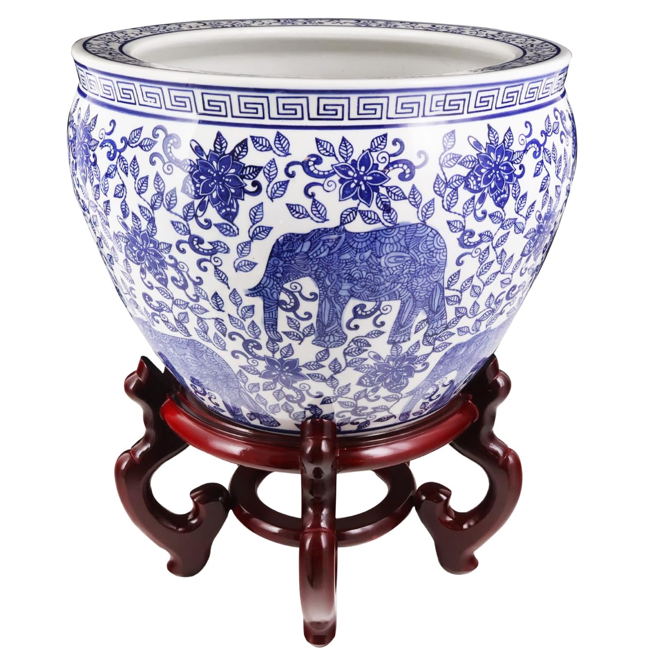 Blue and White Porcelain Fishbowl with Elephant Design - Oriental Ceramic Planter for Home Decor, Office Desk, Garden & Patio | Perfect for Succulents, Flowers & Feng Shui Arrangements