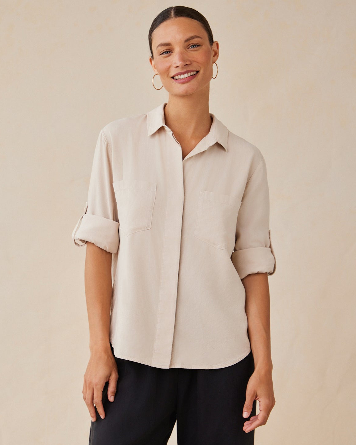 Split Back Button Down Linen Sand Shirt - Breathable & Stylish Summer Top for Women - Perfect for Beach Outings, Casual Wear & Office Attire