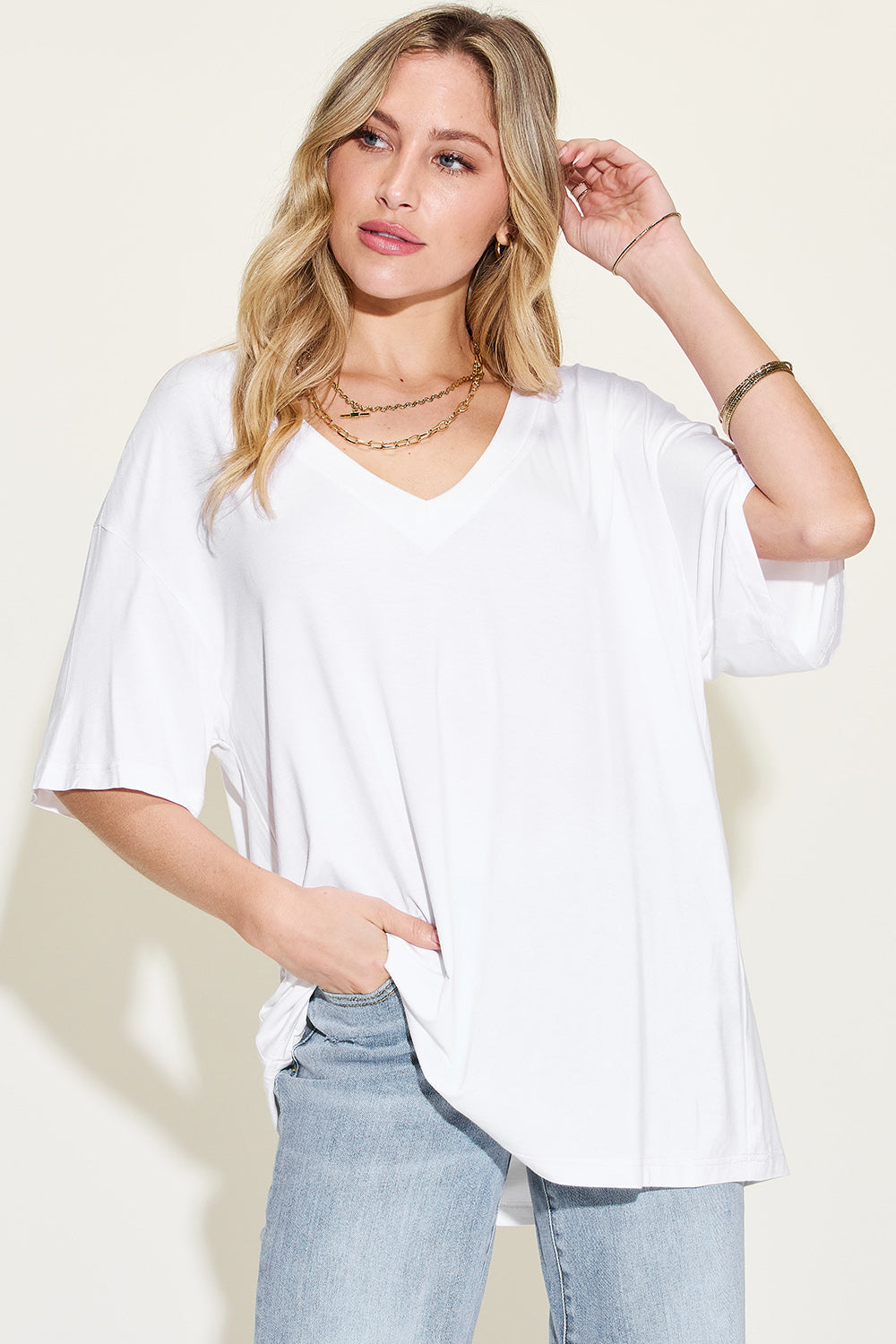 Basic Bae Full Size Bamboo V-Neck Drop Shoulder T-Shirt for Women | Soft Eco-Friendly Casual Tee | Perfect for Everyday Wear, Yoga & Lounge