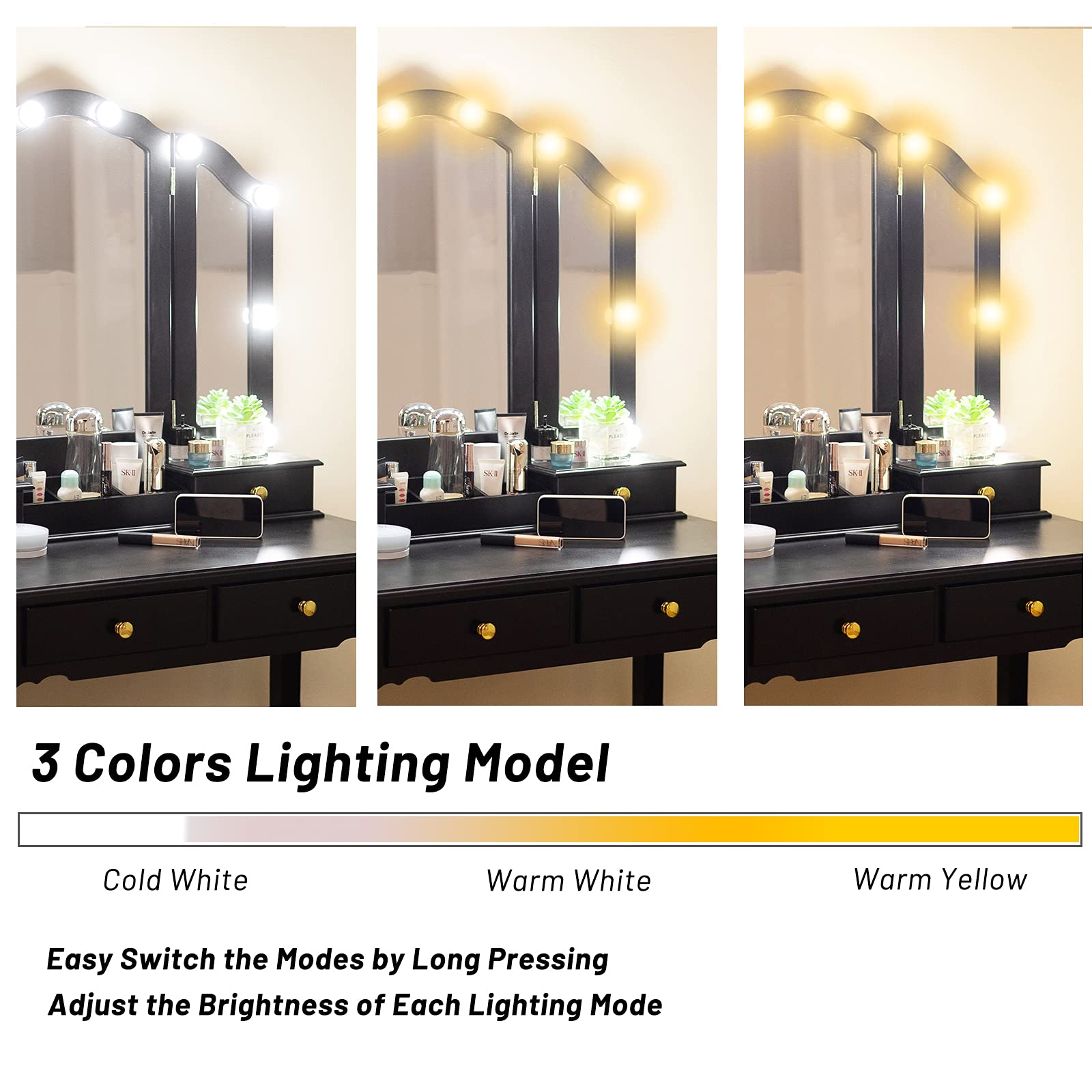 Caroeas White Tri-Fold Makeup Vanity Set with LED Lights - Solid Wood Vanity Table with Mirror, Padded Stool, 4 Drawers & Storage Compartments - Perfect for Bedroom, Dressing Room & Beauty Salon