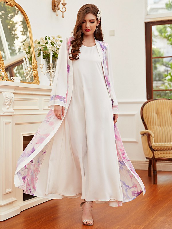 Elegant Floral Printed Muslim Abaya Dress for Women - Modest Islamic Cardigan for Prayer, Hijab & Everyday Wear