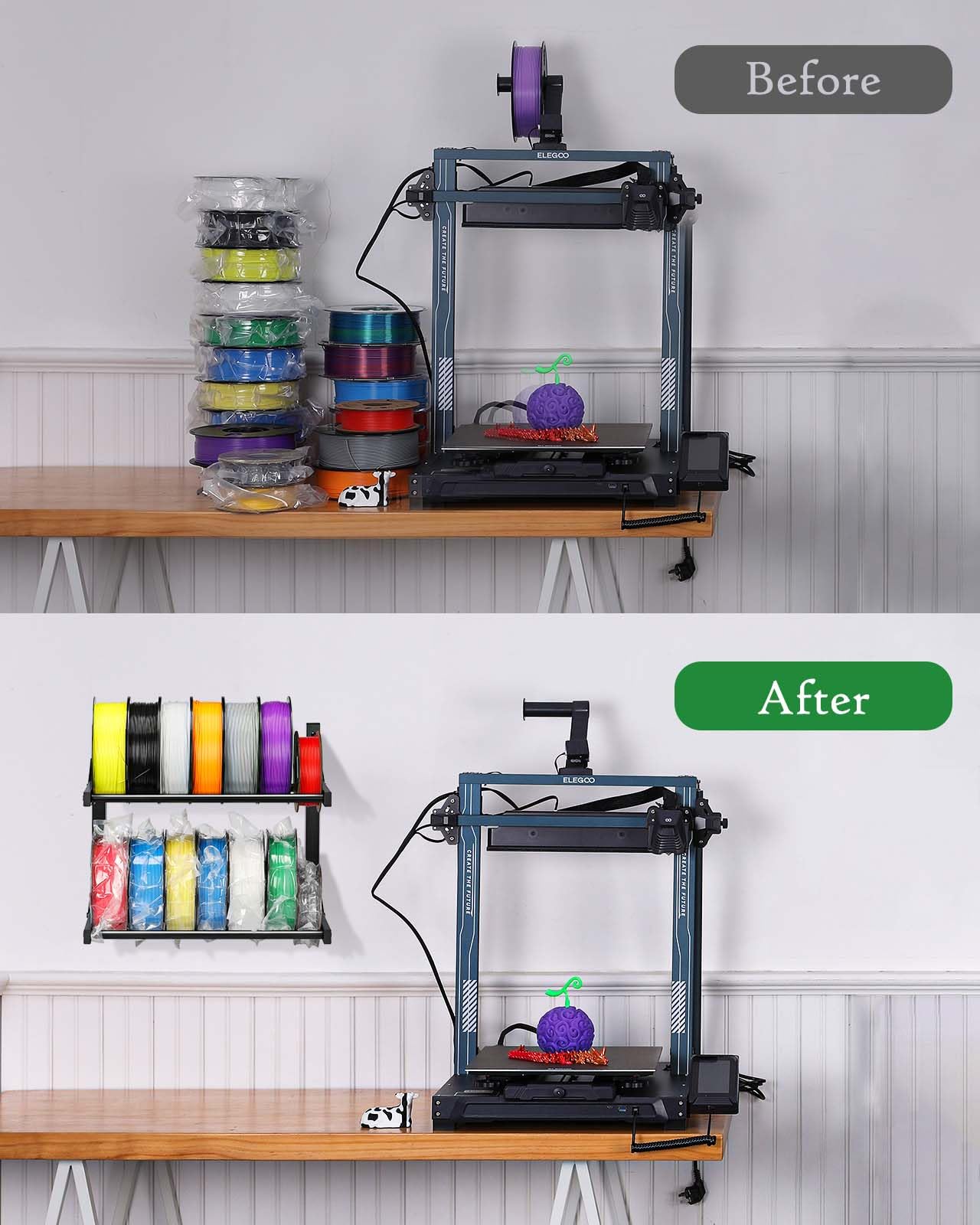 Wall Mount 3D Printer Filament Storage Rack - 2 Tier Heavy Duty Metal Shelf for PLA/ABS/TPU Filament Spools - Organize & Protect Your Filament Collection (Black) - Perfect for Home 3D Printing Studios & Maker Spaces