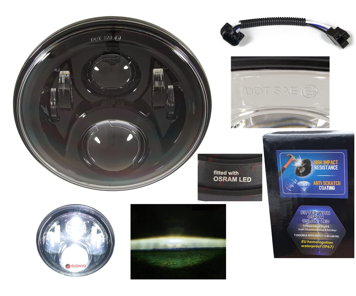 7 Inch Super Bright LED Headlight with Anti-Scratch Lens - Osram Headlamp Compatible for Harley Davidson, Jeep Wrangler JK LJ CJ - Perfect for Night Off-Roading & Urban Commuting