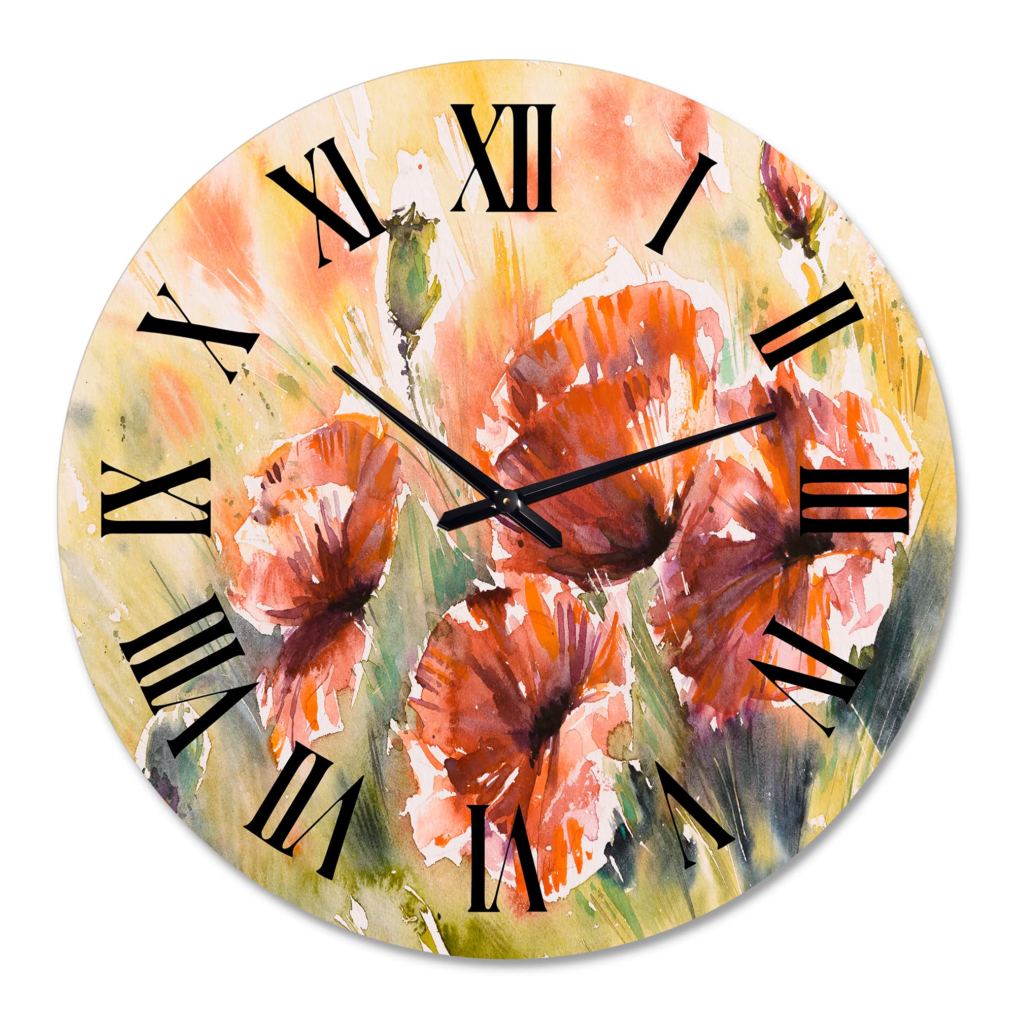 DesignQ Traditional Wall Clock 'Red Poppy On A Field' - Large Floral Botanical Wall Clock for Home & Office Decor - Perfect for Living Room, Bedroom, or Workspace