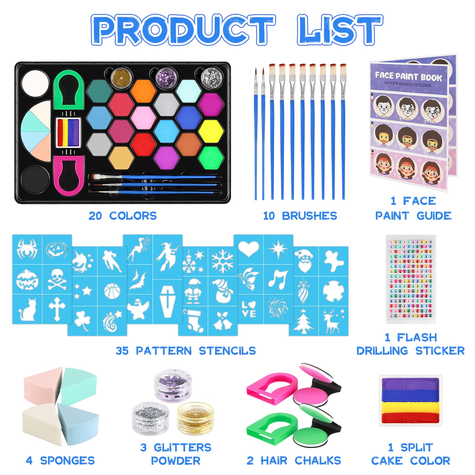Dreamon Face Paint Kit for Kids - 48 PCS Non-Toxic Hypoallergenic Face Paint with Glitter Tattoos - Safe Halloween Carnival Makeup Set - Perfect Gift for Birthday Parties & Costume Events
