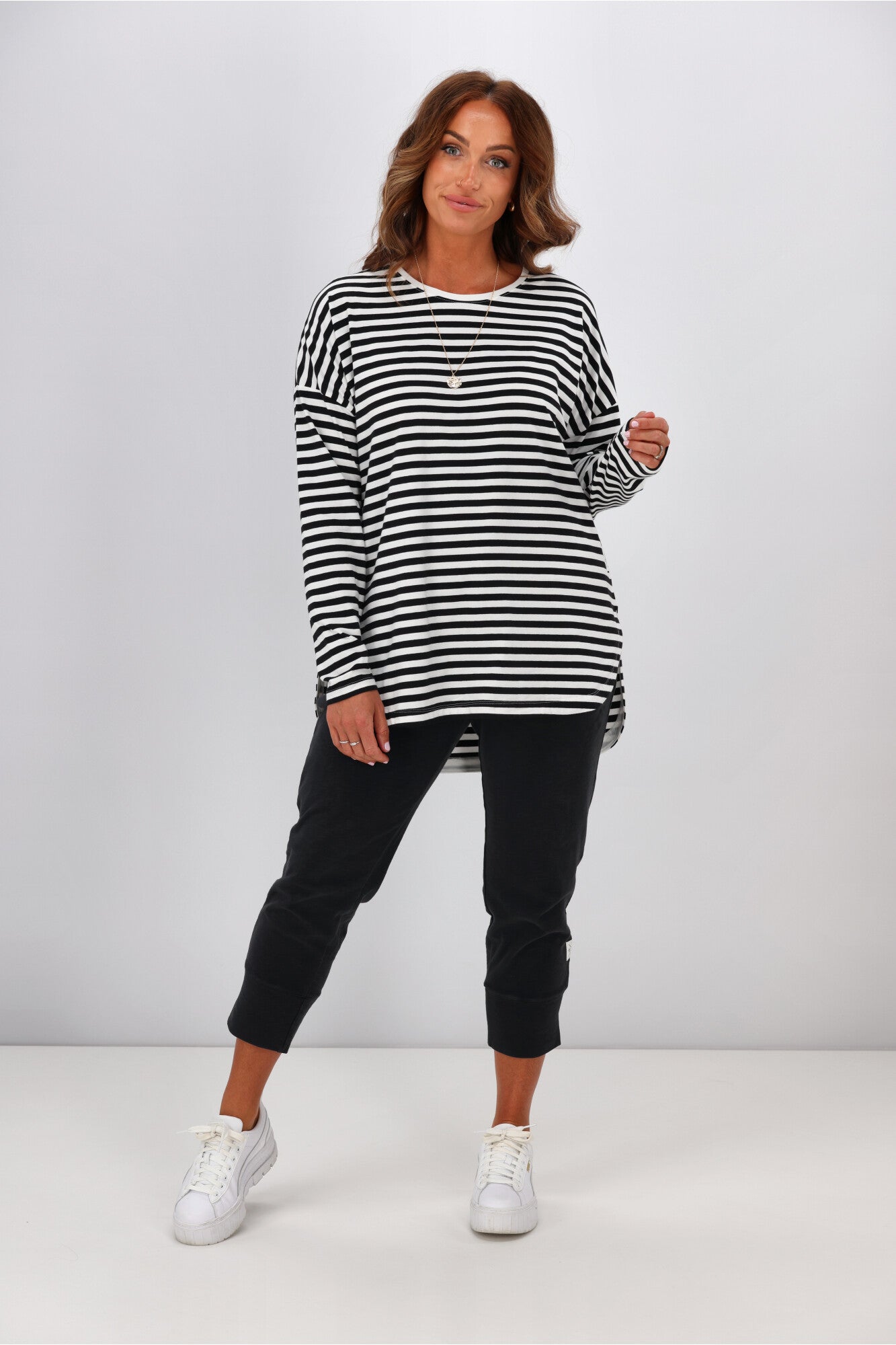 Elm Lauren Long Sleeve T-Shirt - Black & White Striped Cotton Tee for Men & Women | Casual Wear, Layering, Everyday Outfits