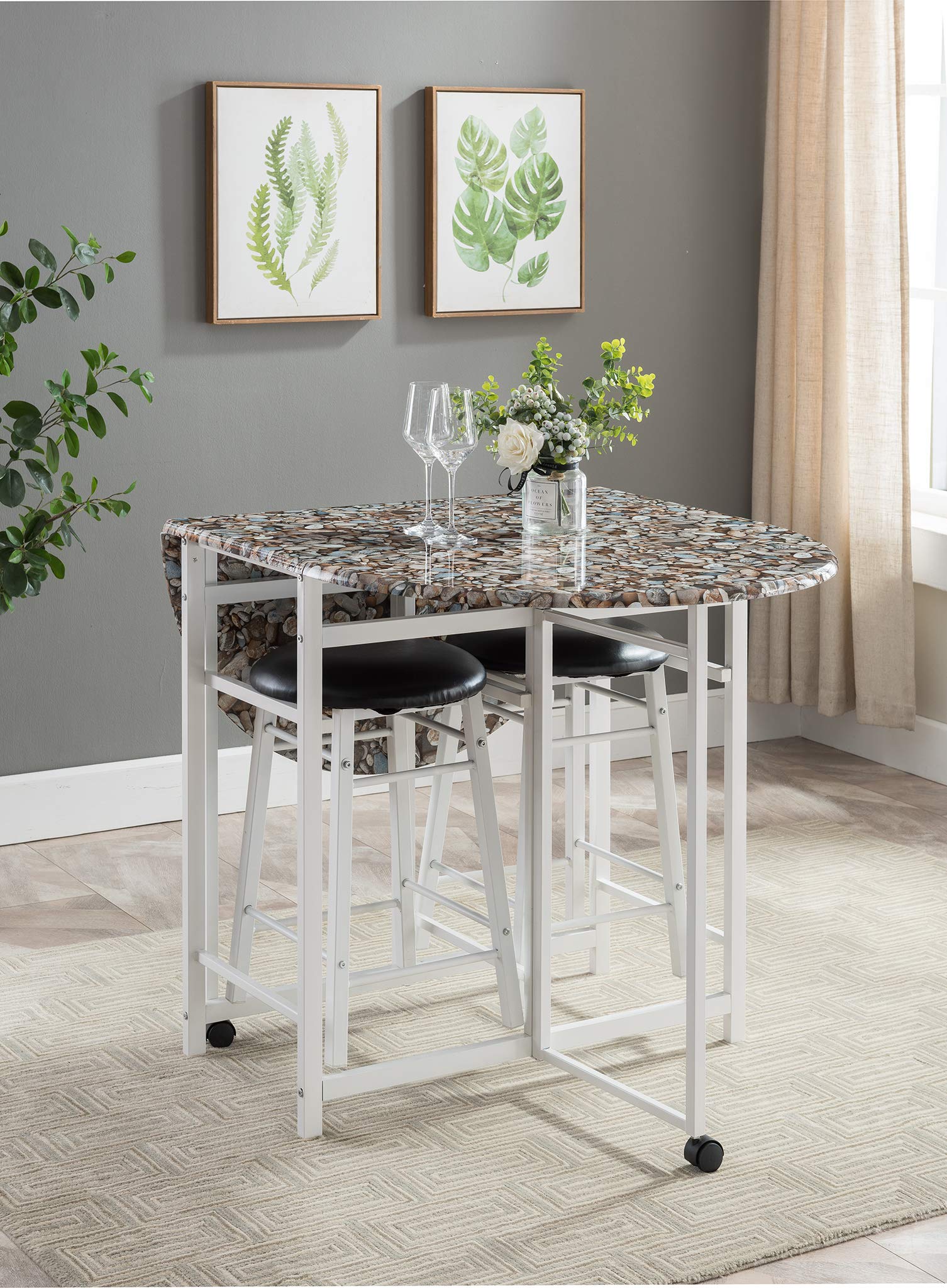 KB Designs - 3 Piece Breakfast Bar Set with Pub Table for Kitchen & Dining Room, White Marble Finish - Perfect for Small Spaces, Breakfast Nooks & Entertaining Guests