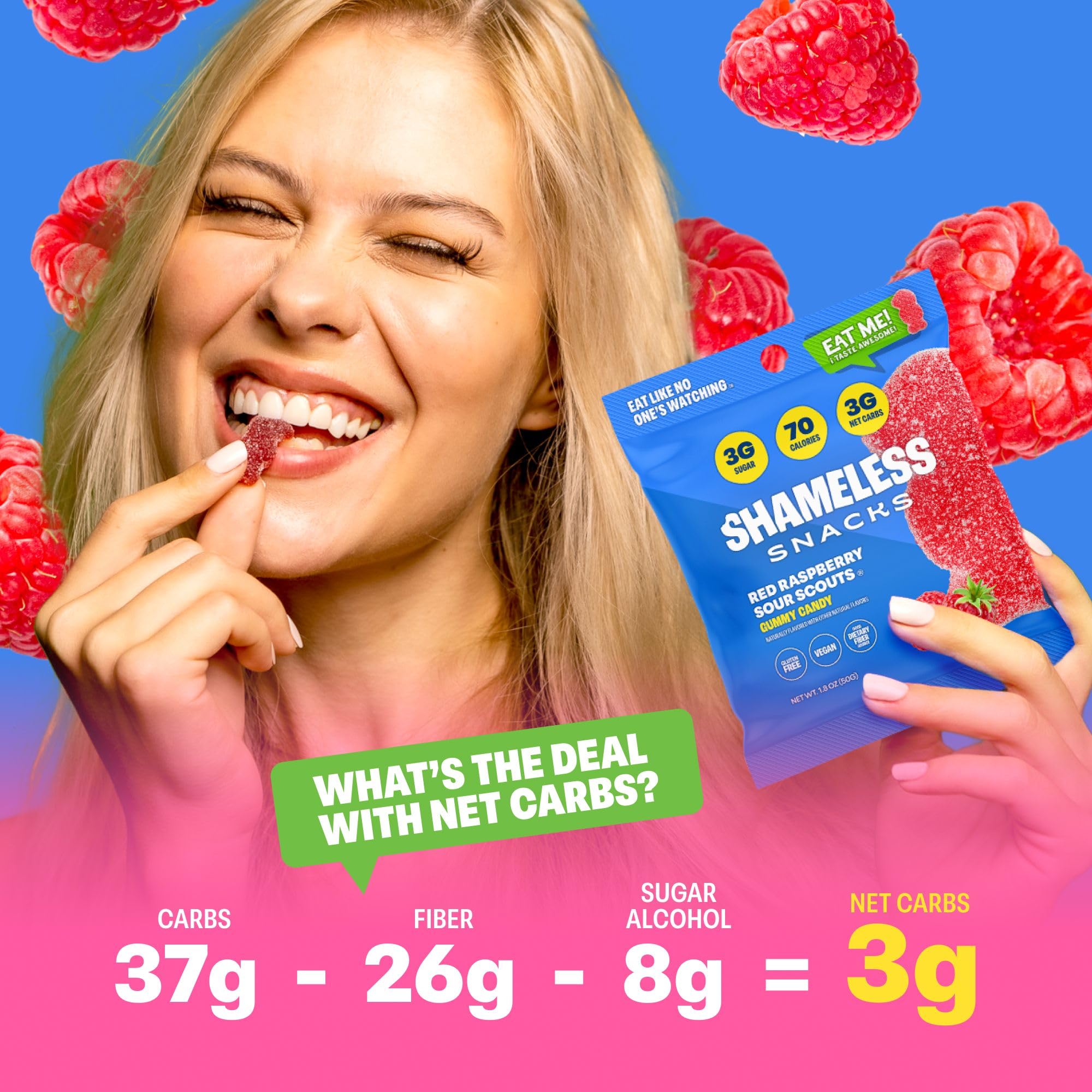 Shameless Snacks - Healthy Low Calorie Keto Gummies | Gluten Free Candy for Weight Loss | 6 Pack Red Raspberry Sour Scouts | Perfect for Keto Diet, Office Snacks & Movie Nights