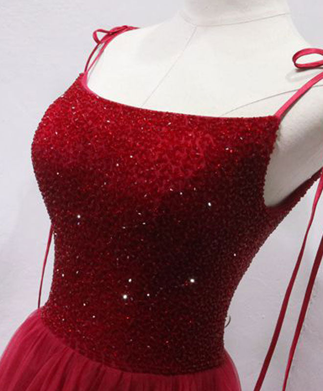 Elegant Burgundy Tulle Beaded Long Prom Dress with Appliques - Formal Evening Gown for Homecoming, Quinceañera & Special Occasions