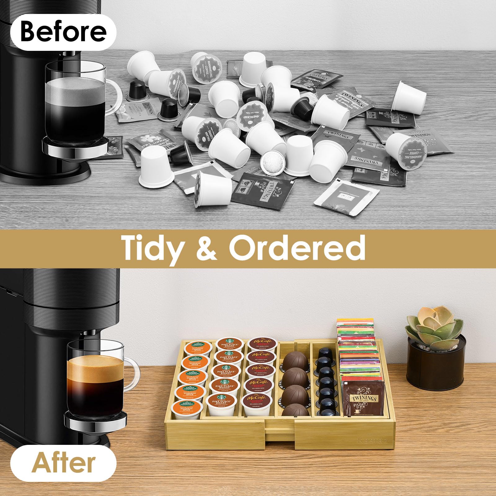 Bamboo Coffee Pod Holder Drawer Organizer - Compatible with Nespresso Vertuo & 25-45 K-Cups | Space-Saving Storage for Coffee Station, Home Office & Kitchen Counter | Perfect for Single-Serve Coffee Lovers & Capsule Organization