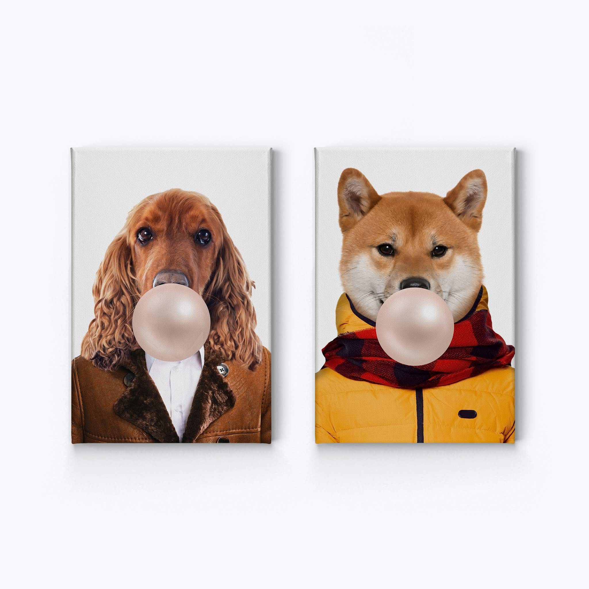 English Cocker Spaniel & Shiba Inu Dog Chewing Bubble Gum Pop Art Canvas Print Set - 2 Piece Animal Wall Art for Living Room, Bedroom, Nursery Decor (22x15 Inches) - Perfect for Pet Lovers' Home & Kids Room Decoration