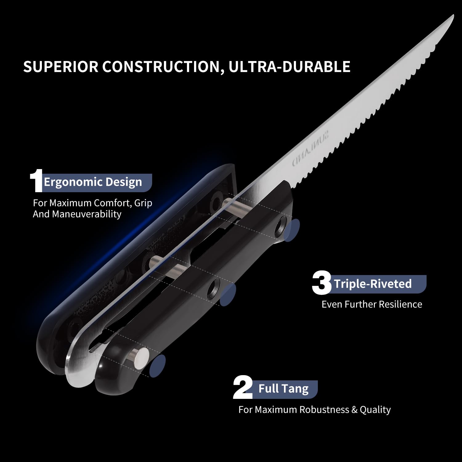 Premium SUNALND 8-Piece Steak Knife Set - Micro Serrated Edge, Full Tang, Triple Riveted Design for Perfect Steak Cutting | Ideal for Steak Dinners, BBQ Parties & Fine Dining Experience