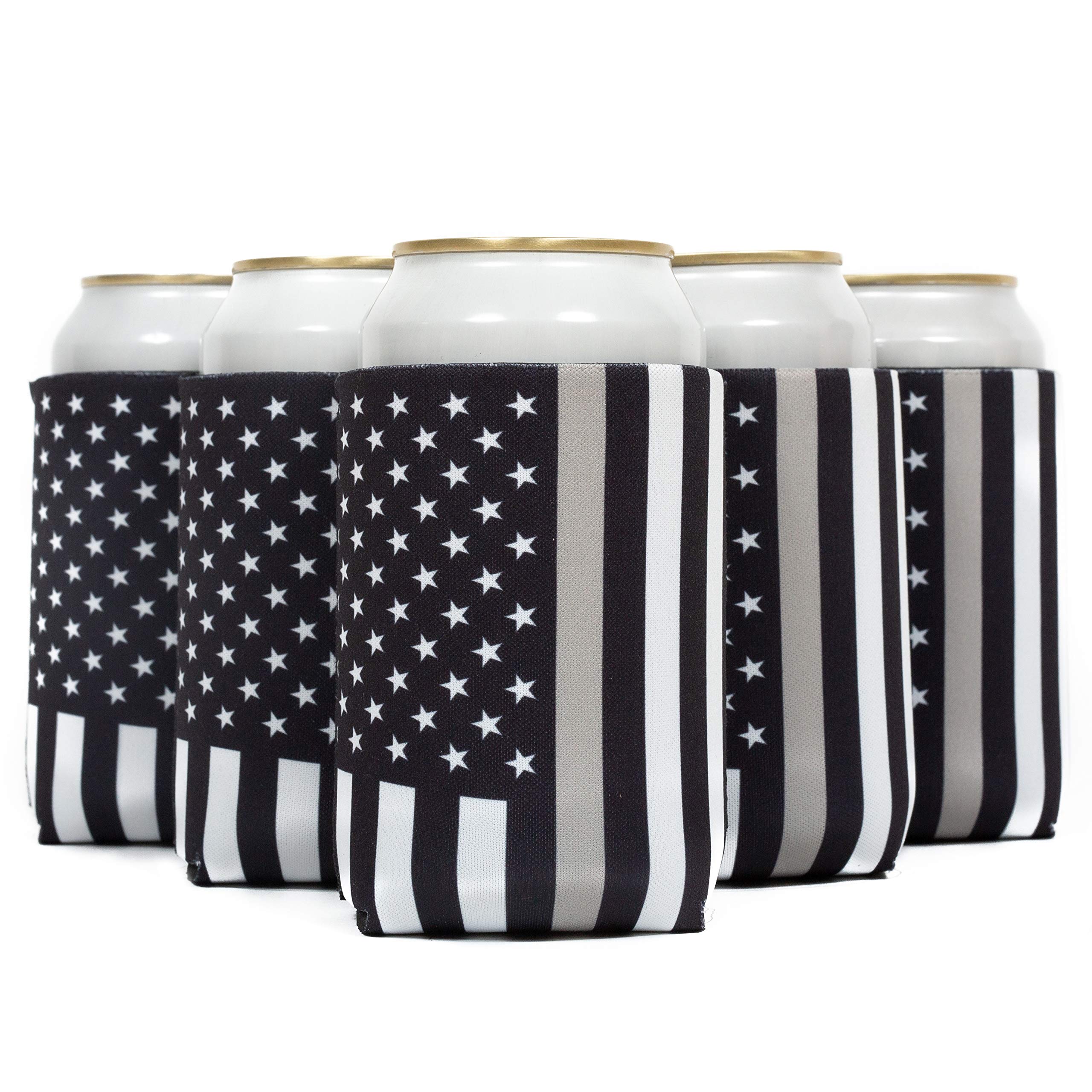 Premium Neoprene Can Cooler Sleeve for 12 Oz Soda & Beer - 6 Pack Insulated Collapsible Drink Holders with Thin Grey Line American Flag Design - Perfect for BBQs, Tailgating, and Outdoor Parties