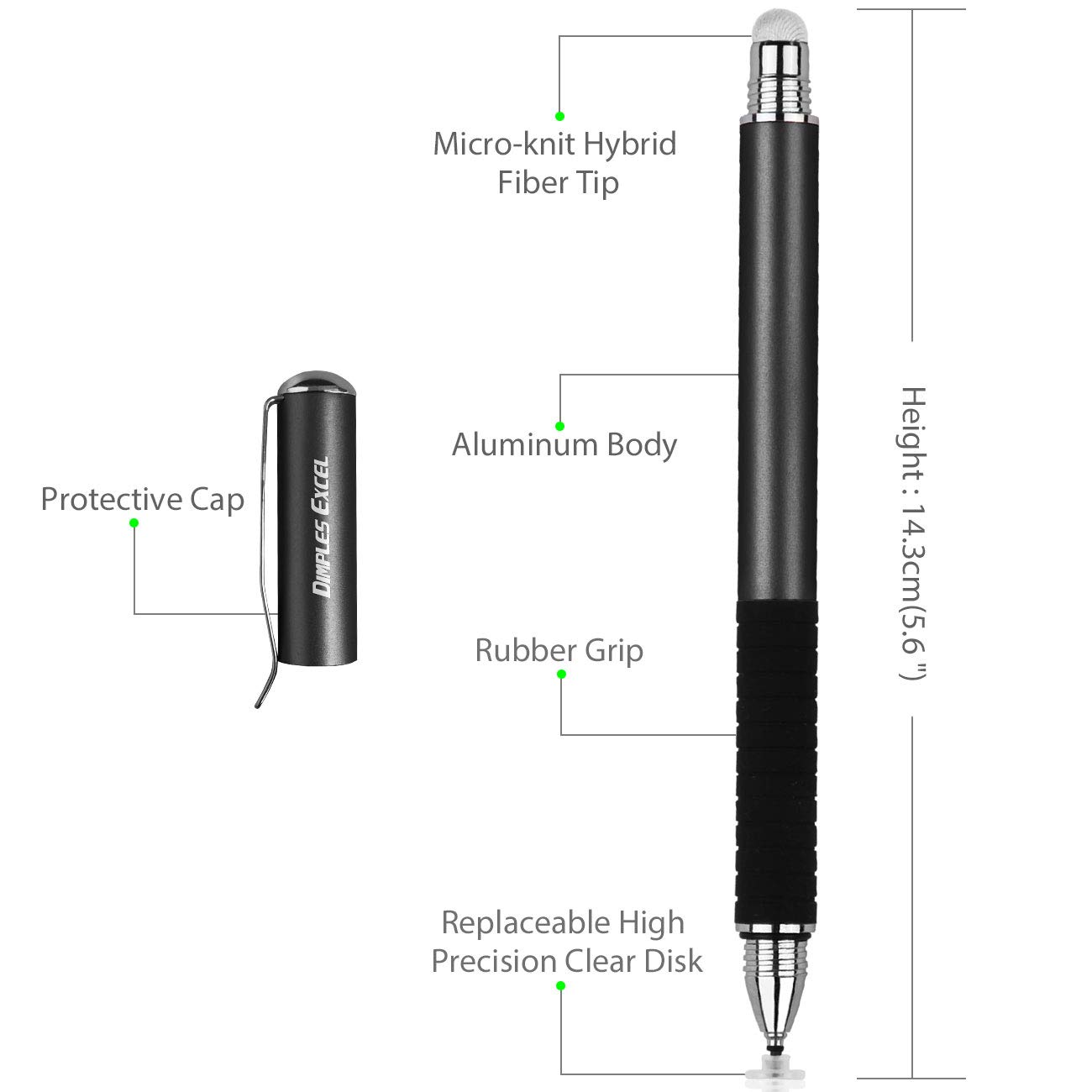 Dimples Excel Stylus Pen for iPad & All Touch Screens - Universal Tablet Stylus (Black+Black) - Perfect for Drawing, Note-Taking & Digital Signatures