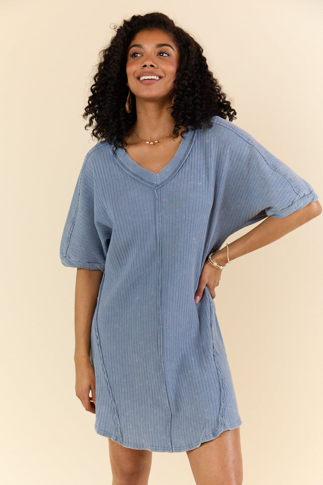 Stylish Blue Acid Wash Knit Dress for Women - High Temperature Resistant, Comfortable & Trendy - Perfect for Summer Outings, Beach Vacations & Casual Wear