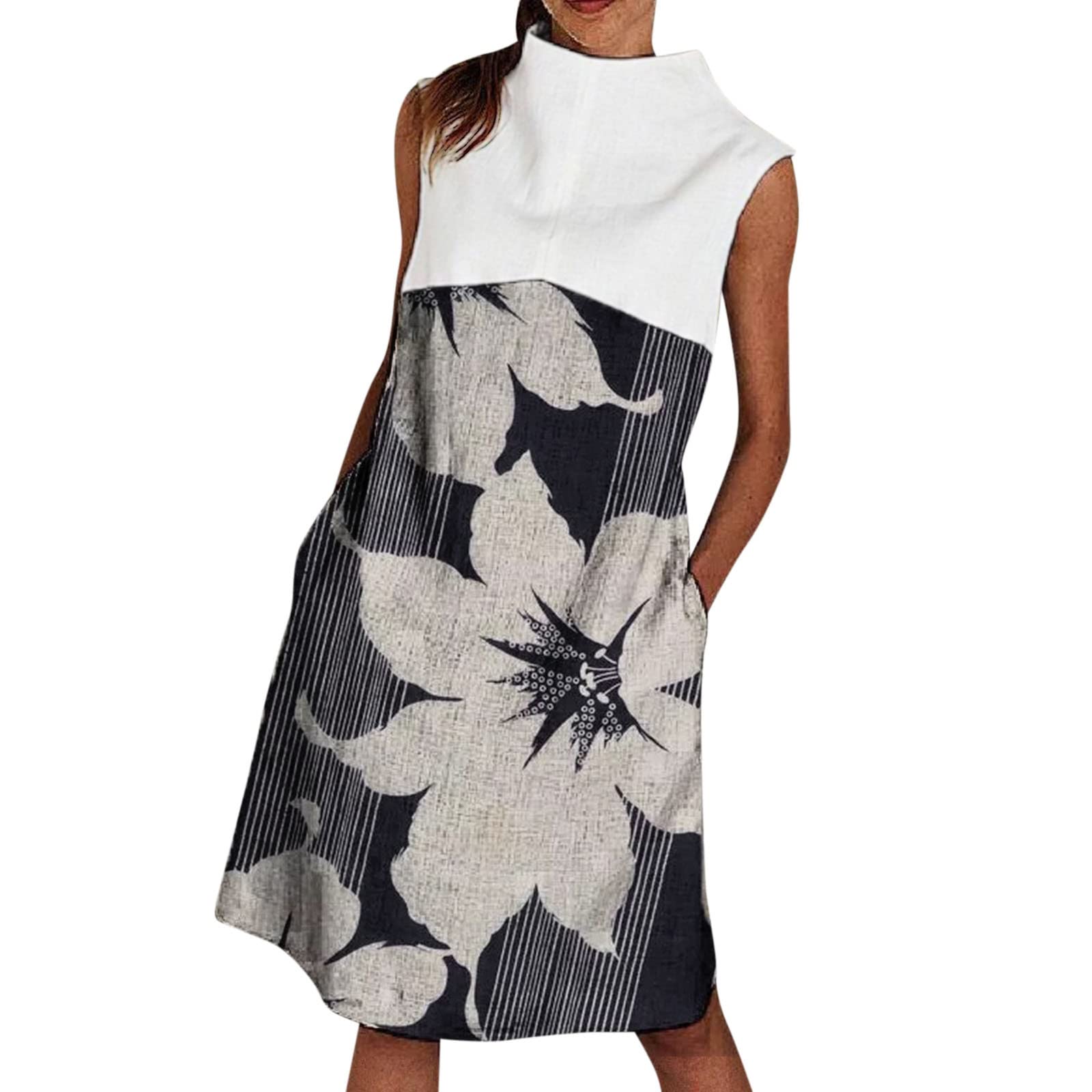 2023 Women's Summer Dresses - Casual Floral Print Turtleneck Sleeveless Knee-Length Loose Fit Dress | Perfect for Beach Vacations, Date Nights & Summer Parties