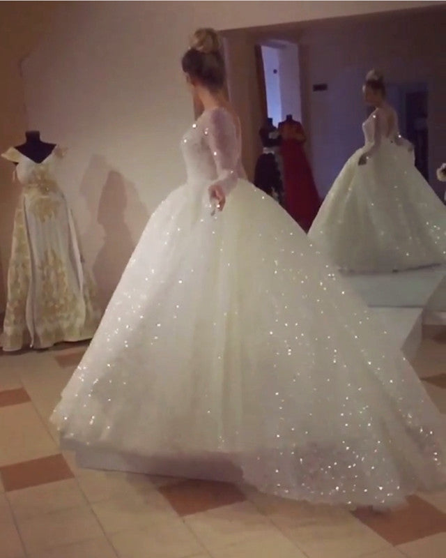 Elegant Long Sleeve Wedding Dress with Sequins & Pearl Beading - A-Line Ball Gown for Brides, Prom, Quinceañera & Formal Events