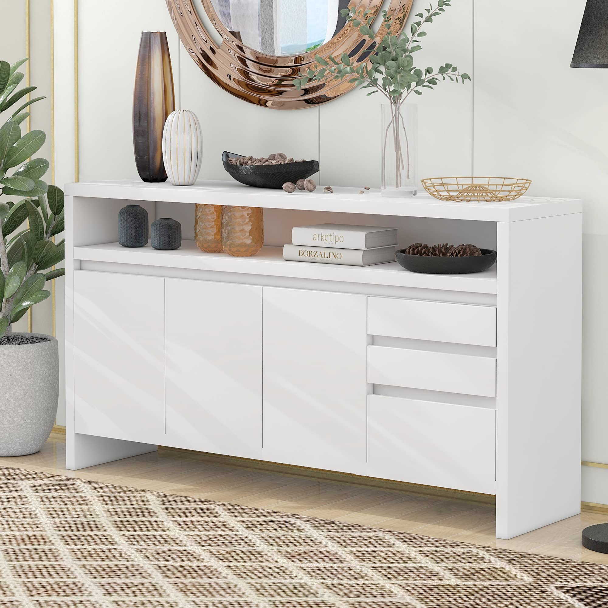 Modern White MDF Storage Cabinet with Double-Level Tabletop, 2 Cabinets & 3 Drawers - Contemporary Sideboard for Dining Room, Kitchen & Living Room - Perfect for Home Organization & Stylish Storage Solutions