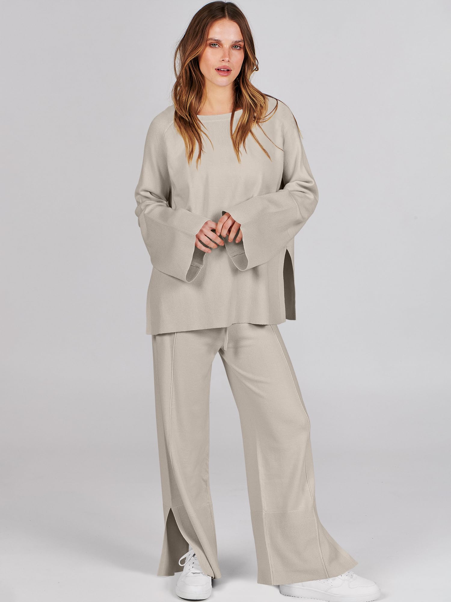 ANRABESS Women's 2 Piece Outfit - Oversized Knit Sweater & Wide Leg Pants Set | Cozy Lounge Wear, Matching Pajama Set | 2024 Trendy Casual Clothes for Home, Travel & Relaxation