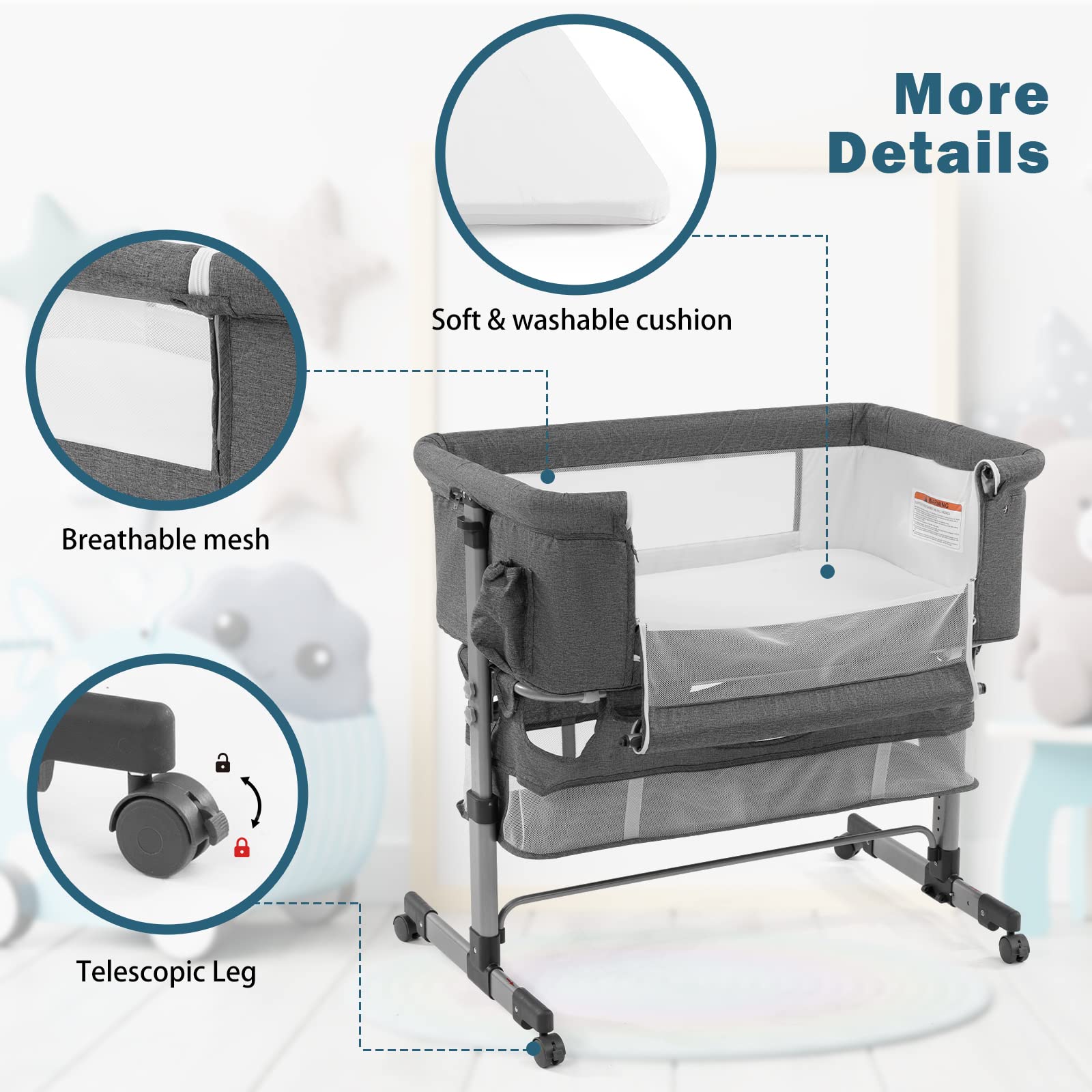 **3-in-1 Adjustable Portable Baby Bedside Crib with Mosquito Net – Grey | Infant Bassinet for Newborns & Travel | Nursery, Co-Sleeping & On-the-Go Convenience**
