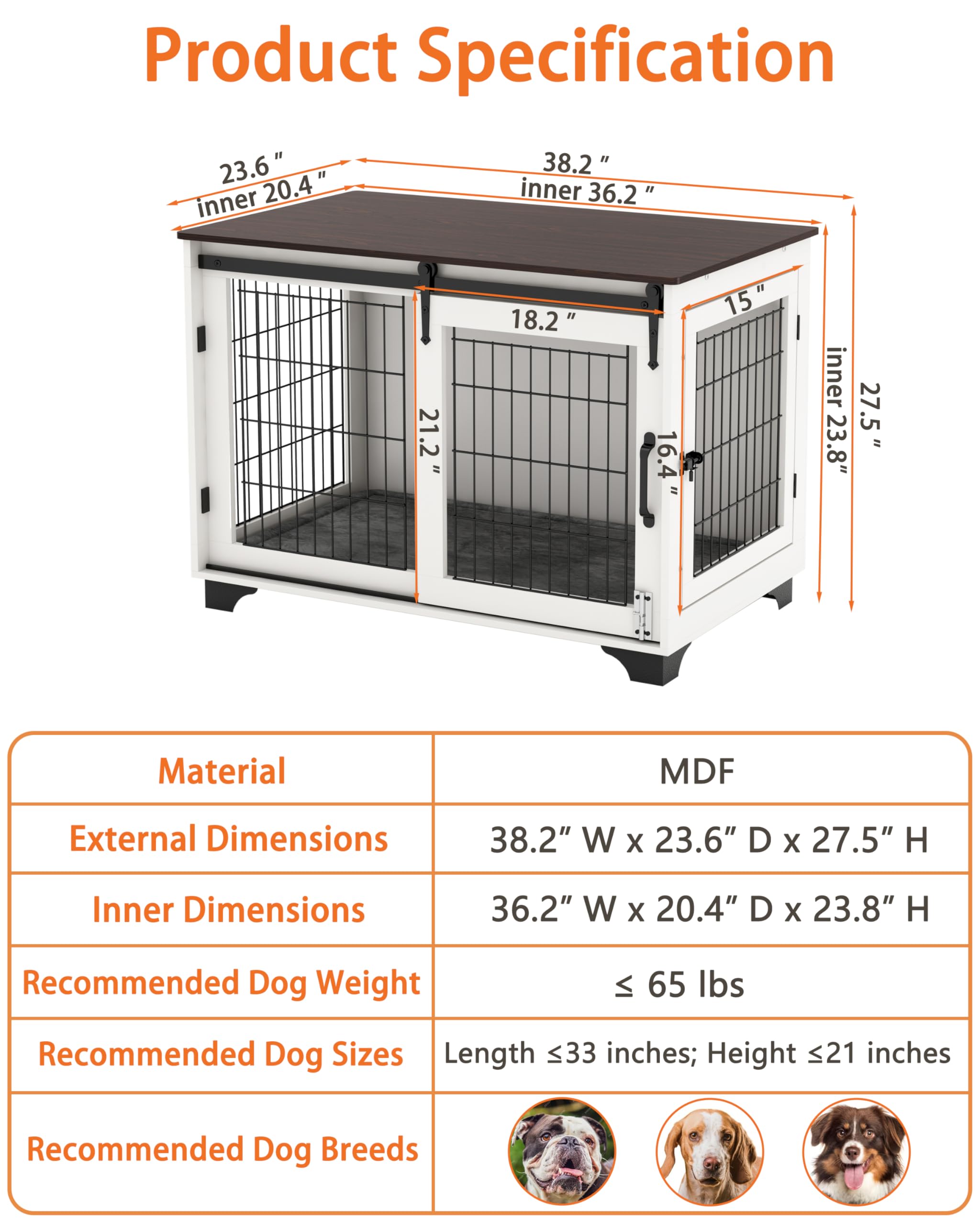 Piskyet Large Dog Crate Furniture - Barn Door Dog Kennel for Dogs Up to 60 lbs, Modern Sliding Door Pet Crate with Decorative End Table & Nightstand Design - Perfect for Living Room, Bedroom or Office
