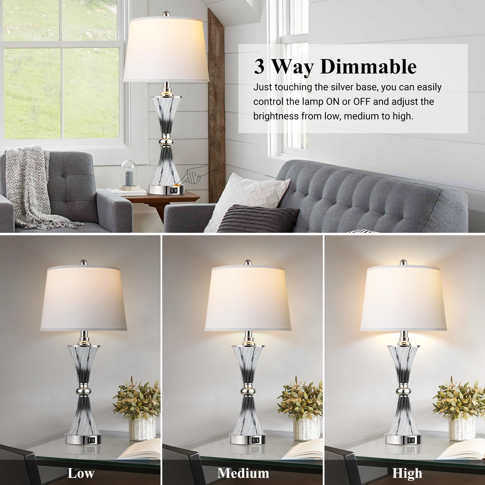 3-Way Dimmable Touch Control Bedside Table Lamps - Set of 2 with USB Charging Ports, Modern Nightstand Lamps for Bedroom & Living Room in Dark Grey & White - Perfect for Reading, Decor & Minimalist Home Office Lighting
