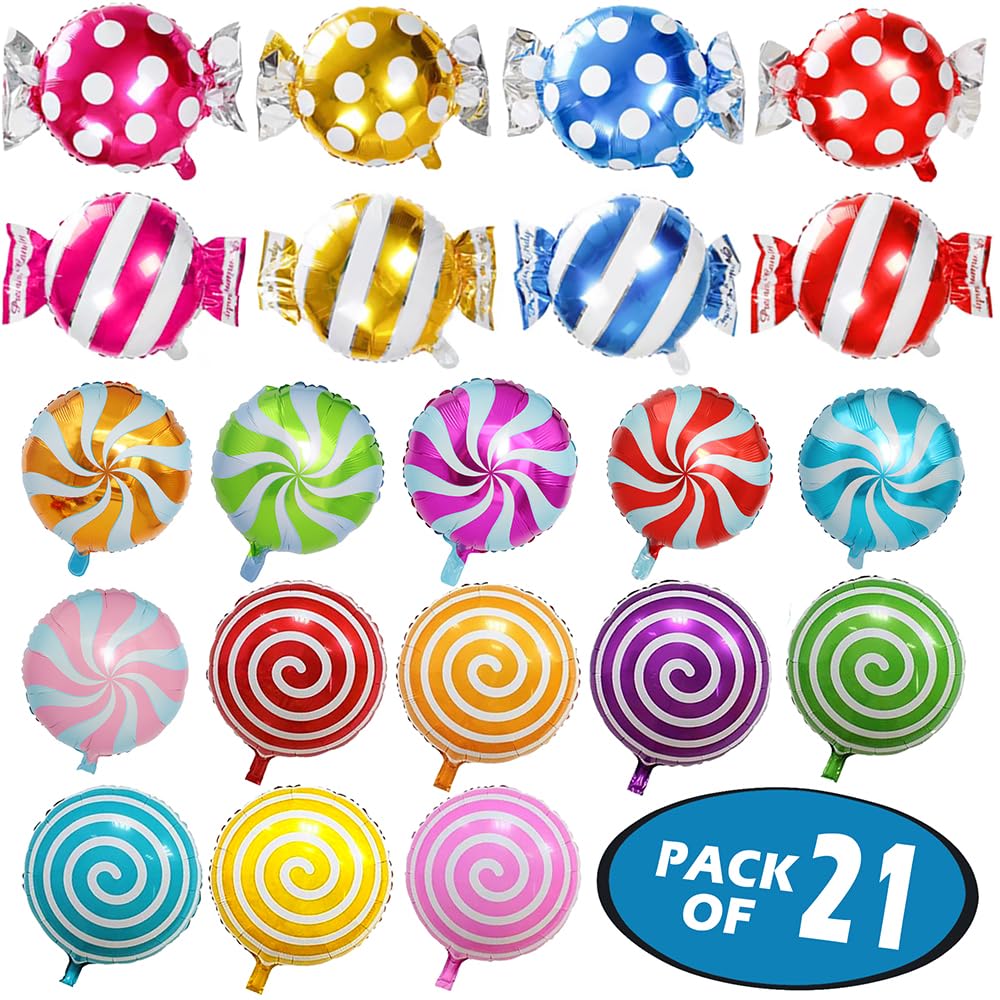 21 Pack Candy Balloons Set - 13 Round Lollipop Balloons & 8 Candy-Shaped Balloons | Candyland Party Decorations | Aluminum Foil Balloons for Birthday, Wedding, Baby Shower (Indoor/Outdoor Decor)
