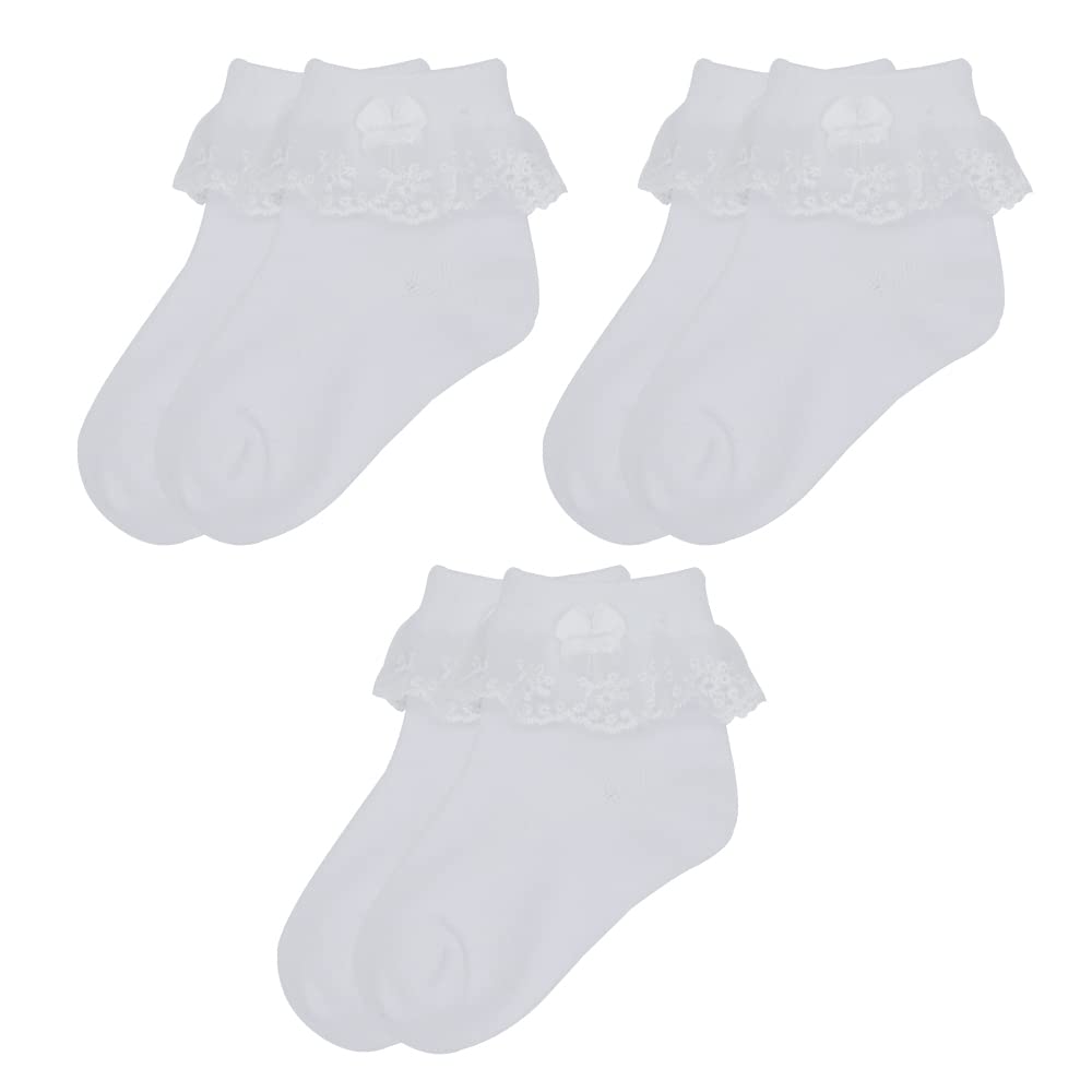 Snegyu Girls Ruffle Ankle Socks 6-Pack - White Cotton Lace Trim with Bows for School, Dress Up & Everyday Wear (Ages 3-16) - Cute Frilly Socks for Kids, Toddlers & Teens
