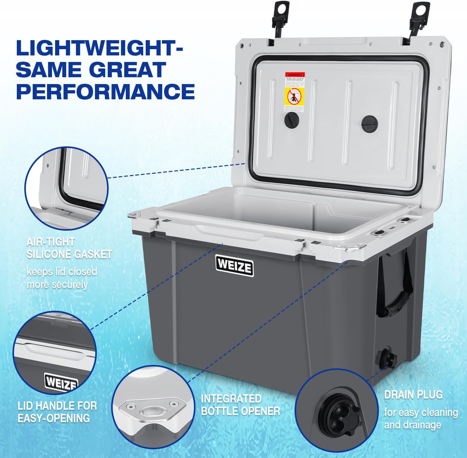 WEIZE 55 Quart Ultra Light Hard Cooler - Insulated Ice Chest Box with Bottle Opener, Keeps Ice Cold for 8 Days - Portable for Camping, Beach, Picnics & Outdoor Adventures (Grey)