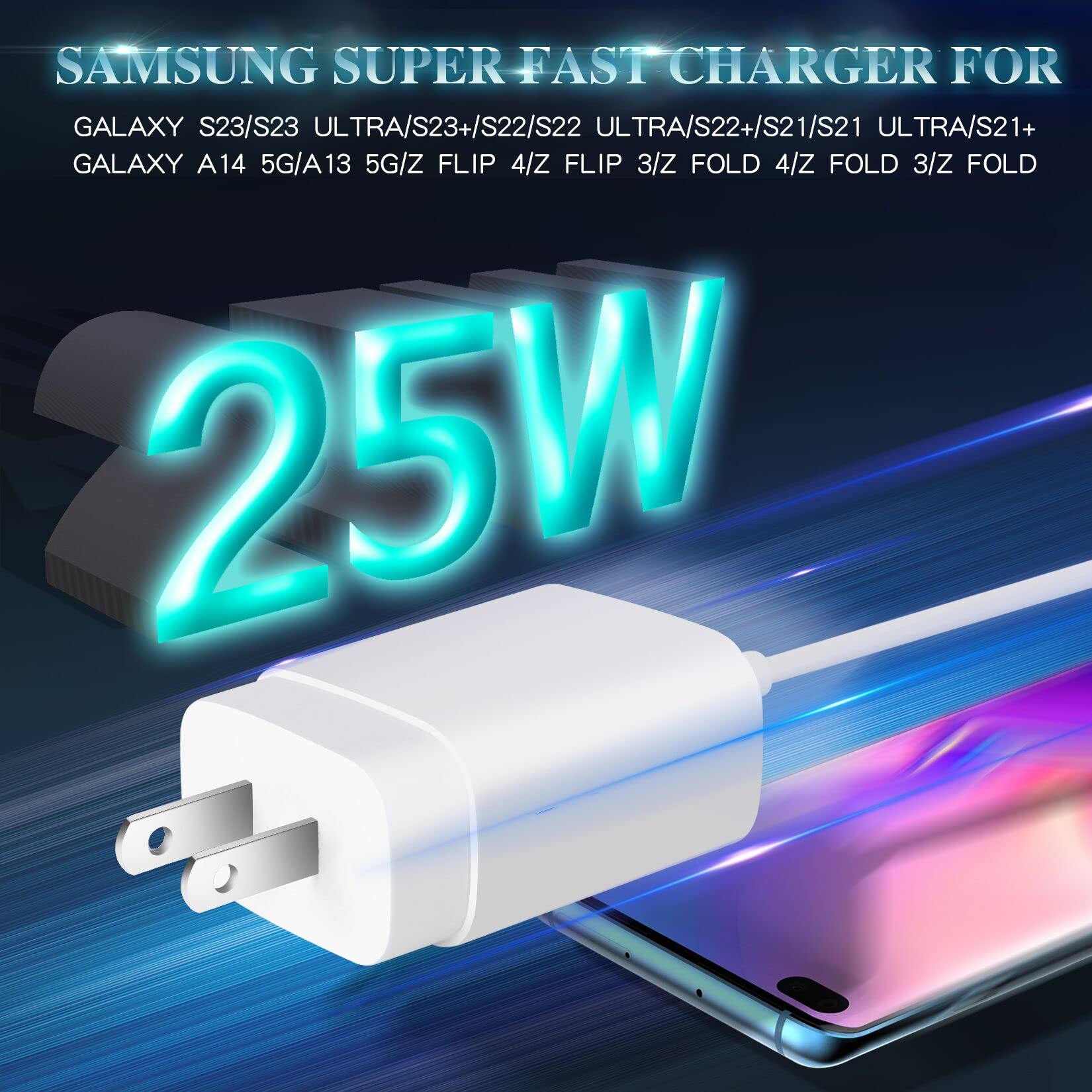 Samsung 25W Super Fast Charger 2-Pack with 10FT USB-C Cable - Quick Charge 3.0 Compatible with Galaxy S25 Ultra/S24/S23/S22/S21/S20/A14/A54/Z Fold 6/5/Z Flip 6/5 - Perfect for Home, Office & Travel Charging Needs