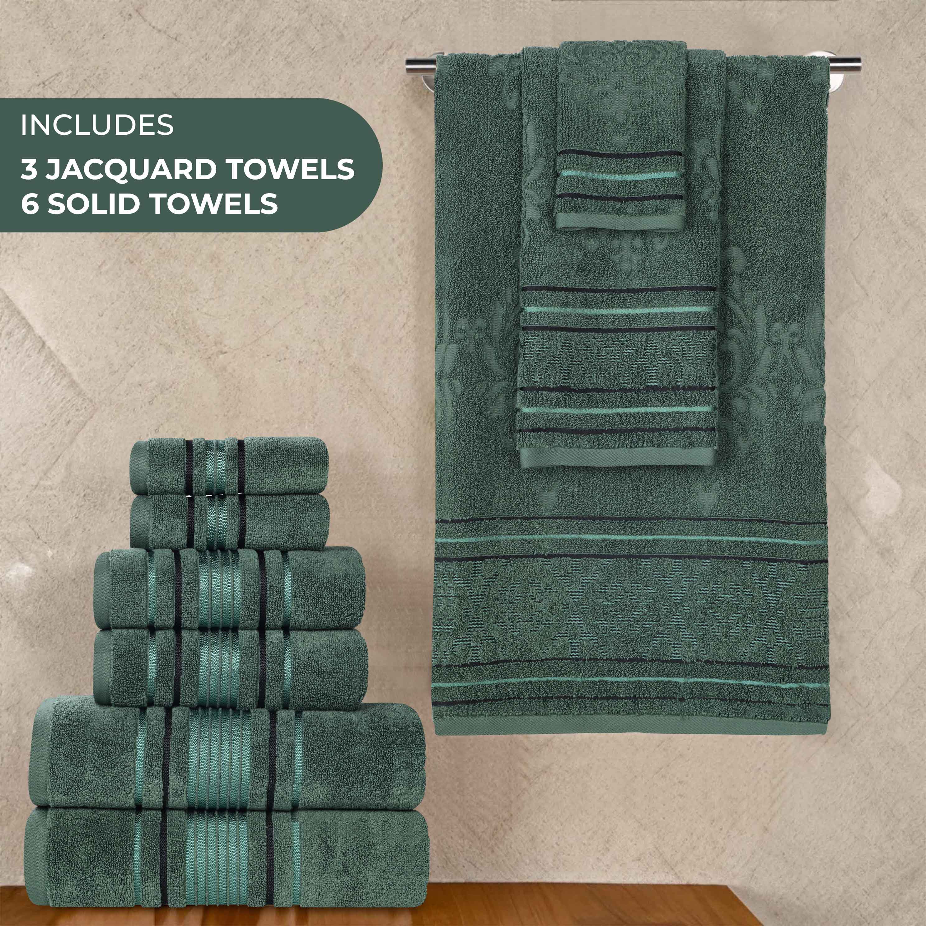 Premium 9-Piece Sadie Zero Twist Cotton Towel Set - Solid & Jacquard Floral Design | Ultra Soft & Absorbent Bath Towels, Hand Towels & Washcloths | Perfect for Spa, Bathroom & Luxury Home Decor