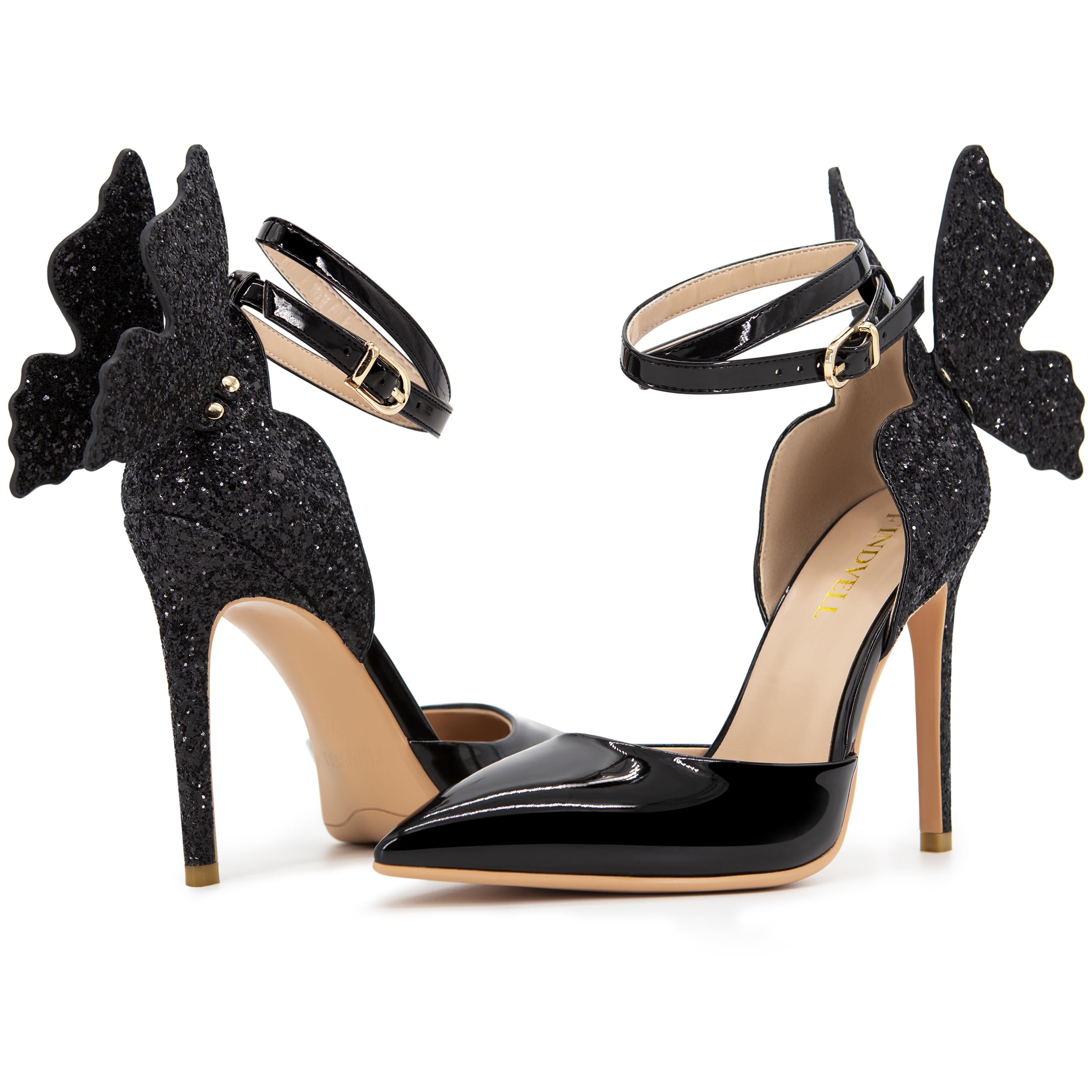 Elegant Gold High Heel Pumps with Butterfly Back & Sparkly Ankle Strap - Sexy Stiletto Closed Toe Dress Shoes for Women | Perfect for Parties, Weddings & Evening Events