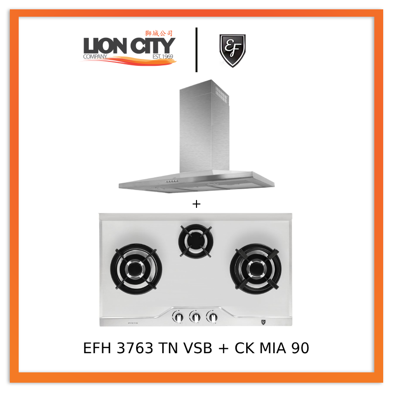 EF CK Mia 90 90cm Stainless Steel Chimney Hood & EF EFH 3763 TN VSB 78cm Built-In Stainless Steel Gas Hob - Professional Kitchen Ventilation & Cooking Combo for Home Chefs