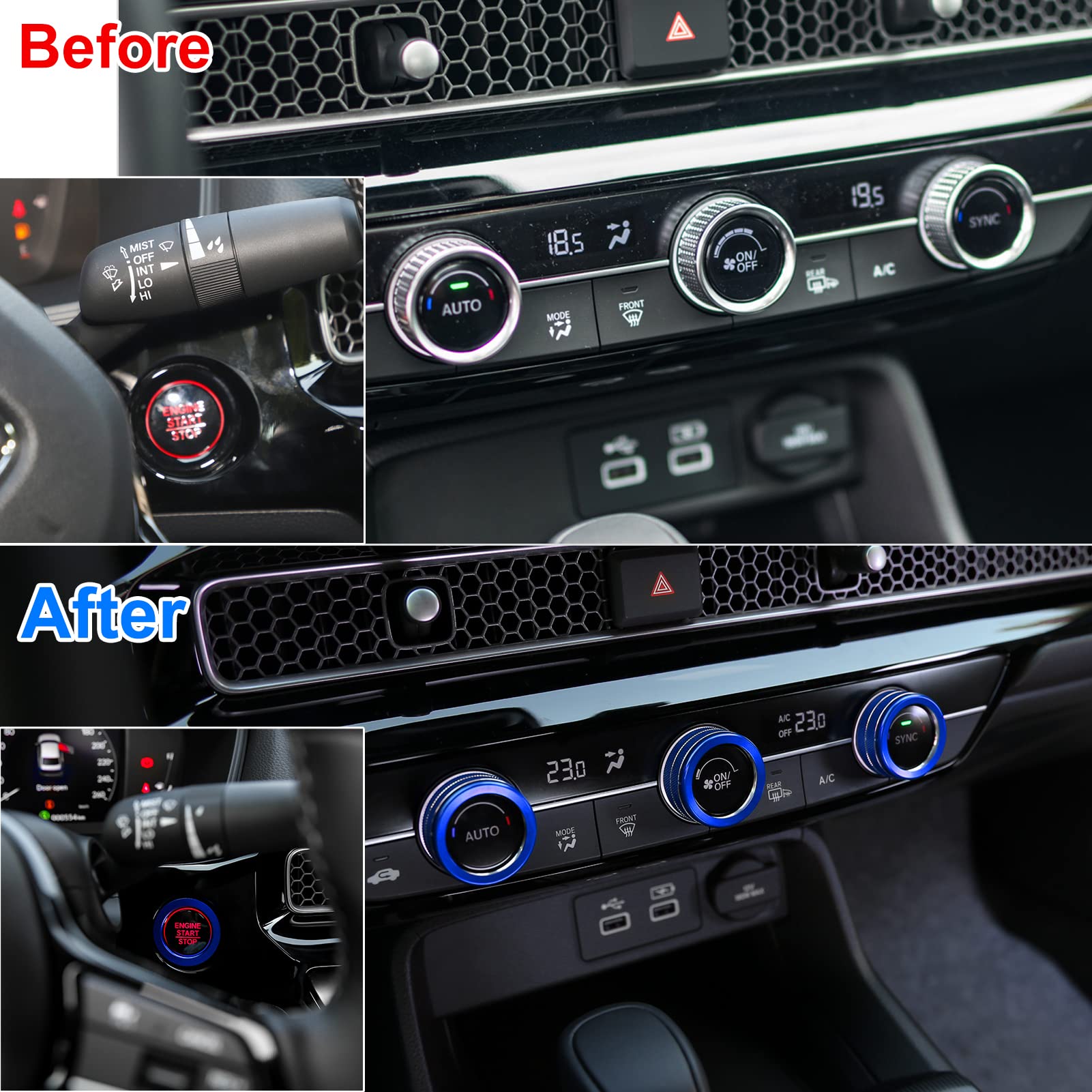 Honda Civic Accord CR-V HR-V 2023-2025 Accessories - CKE Center Console Cover, AC Knob & Engine Start Cover Rings for 11th Gen Civic (Blue) - Upgrade Your Car Interior & Protect from Scratches