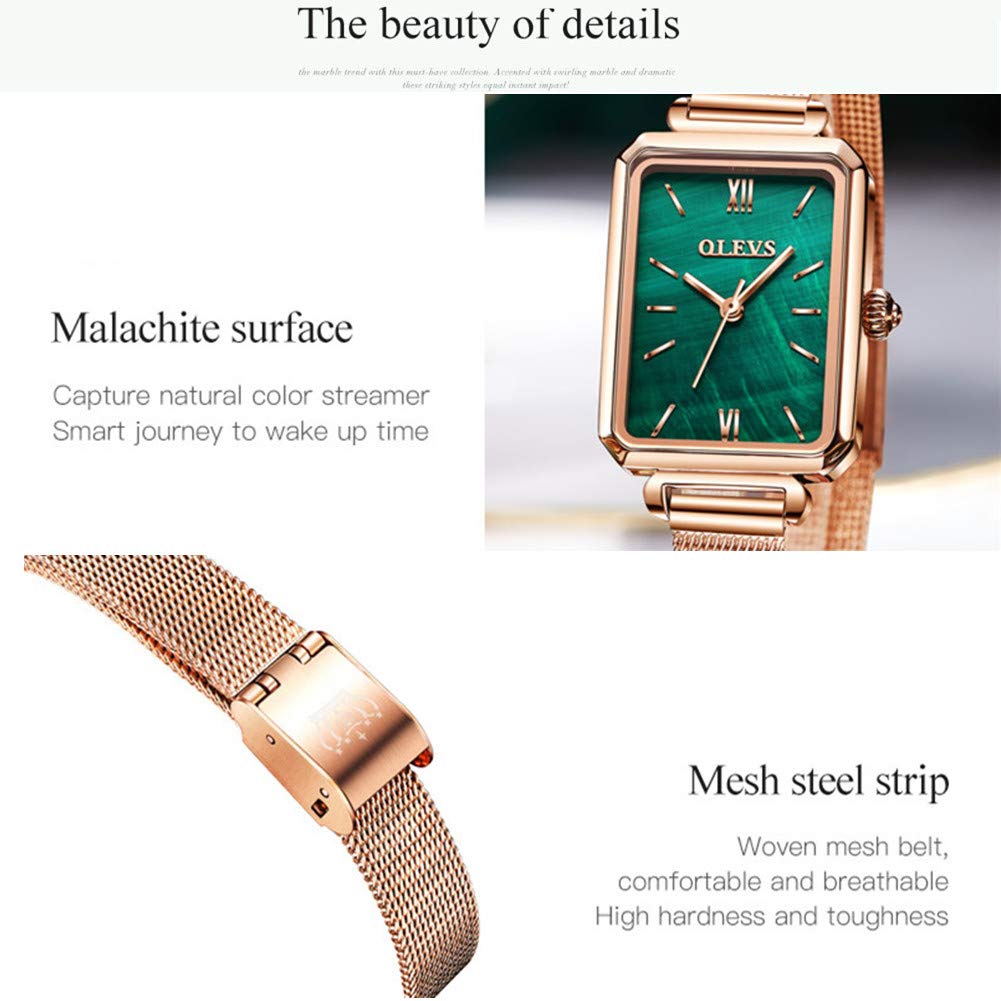 OLEVS Women's Retro Square Watch with Green Stone - Gold Analog Quartz Watch for Ladies - Perfect for Office, Party & Everyday Wear