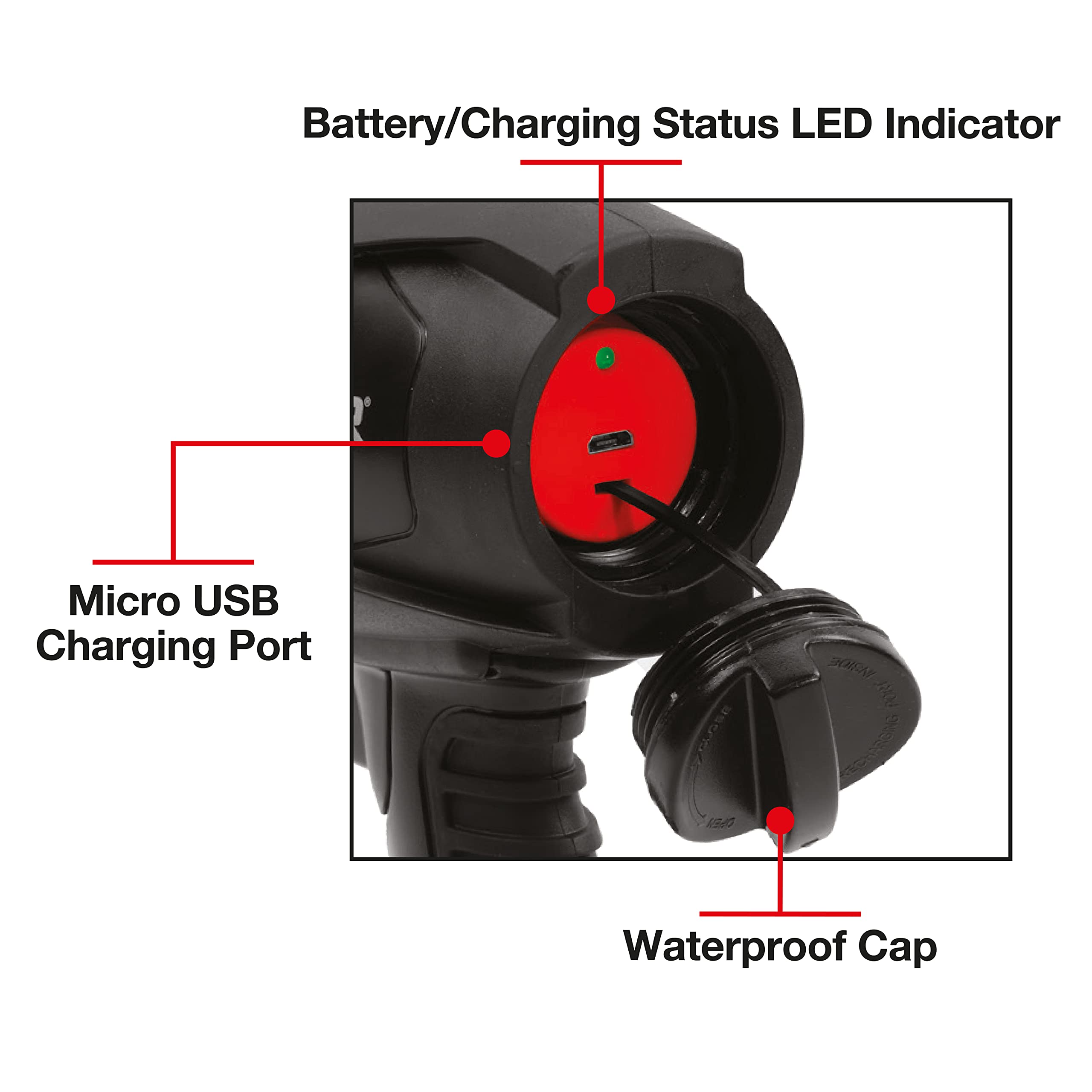 VECTOR FLW10V Rechargeable LED Flashlight - 600 Lumens Waterproof Spotlight with 120V AC & 12V DC Chargers - Perfect for Camping, Hiking, Emergency Kits & Outdoor Adventures