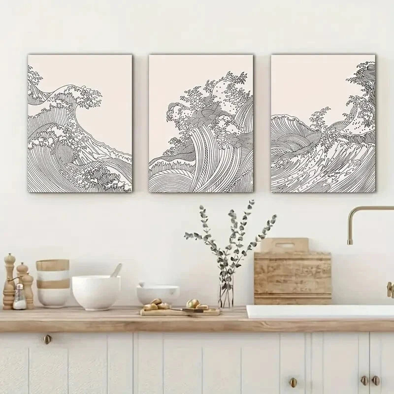 3-Piece Modern Ocean Wave Line Metal Wall Art - Ready to Hang Coastal Decor for Living Room, Bedroom & Office