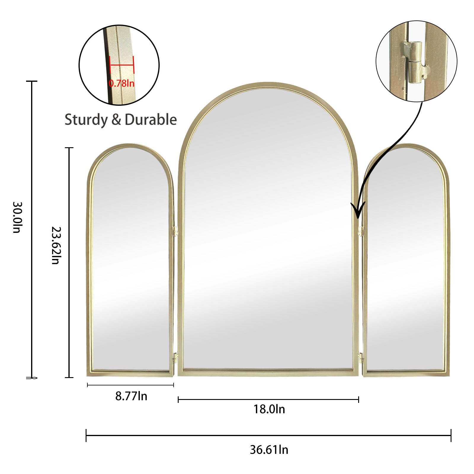 3-Way Trifold Vanity Mirror 30x37 Inches - Adjustable Wall Mounted Makeup Mirror with 360° Rotation for Bathroom & Bedroom (Champagne Gold) - Perfect for Hair Styling, Makeup Application & Home Decor